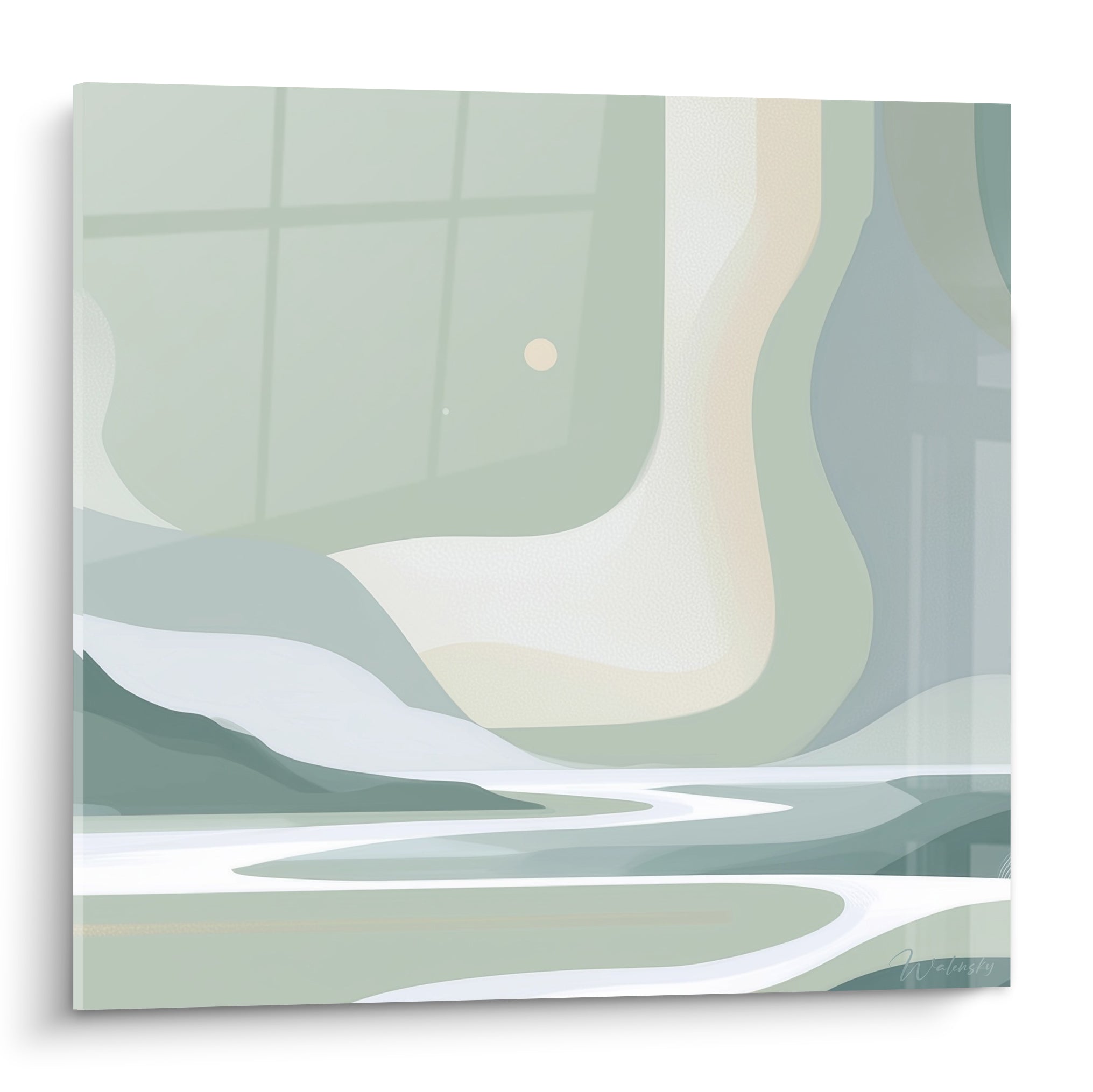 Rivière blanche sinueuse entre collines vert sauge et ciel ivoire lunaire, tableau abstrait épuré
