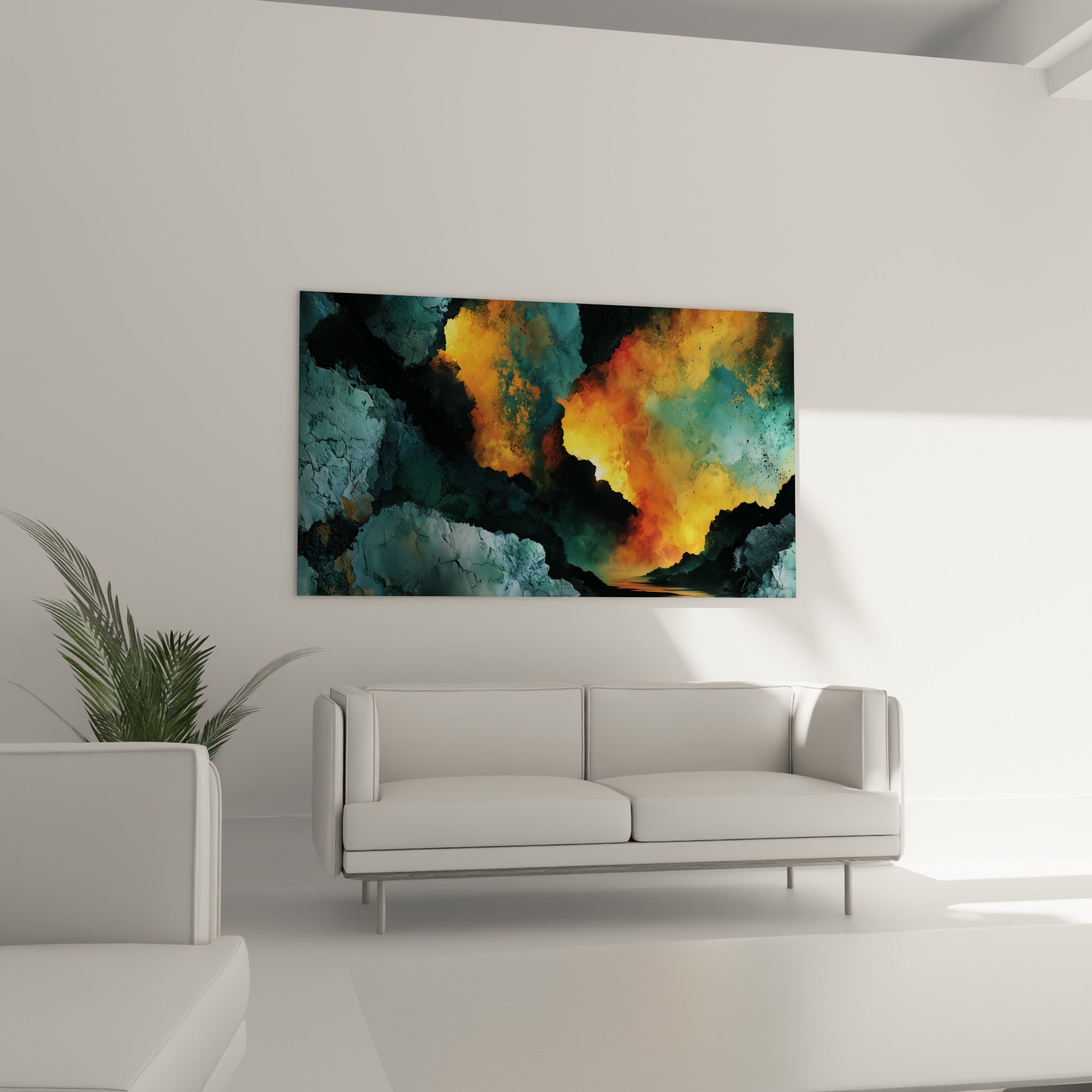 Lumière orangée perçant une masse rocheuse anthracite, tableau abstrait au-dessus d'un canapé dans un salon lumineux