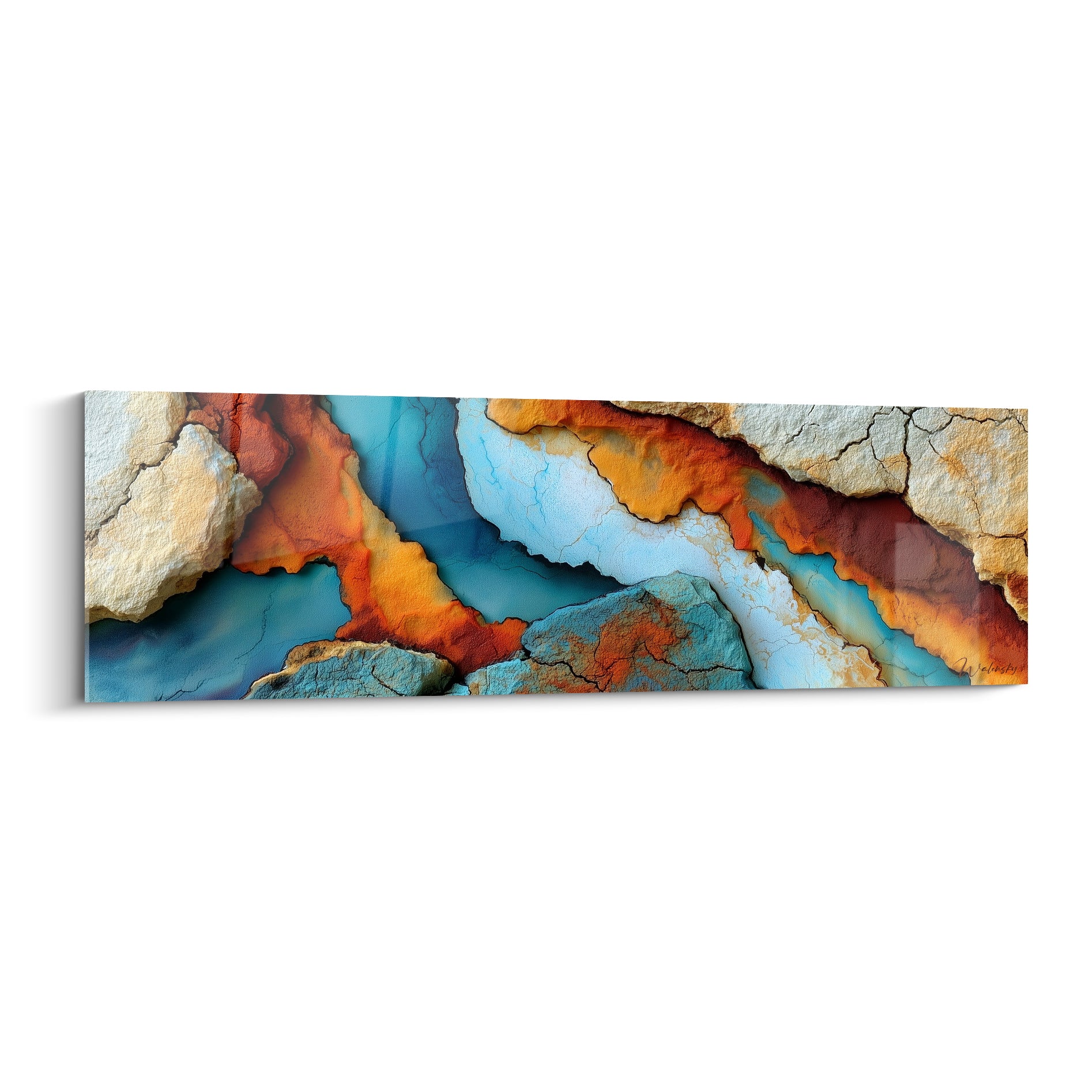 Roches fissurées en turquoise profond et orange brûlé, texture minérale abstraite sur toile