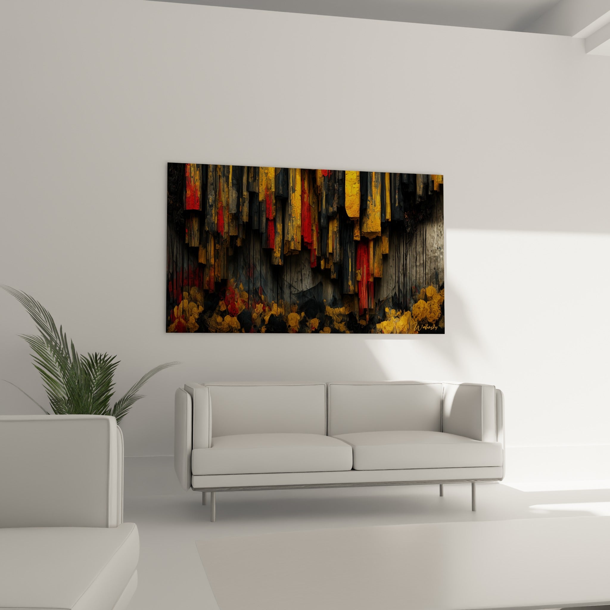 Œuvre abstraite aux teintes rouge et doré sur bois noir, au-dessus d'un canapé dans un salon lumineux