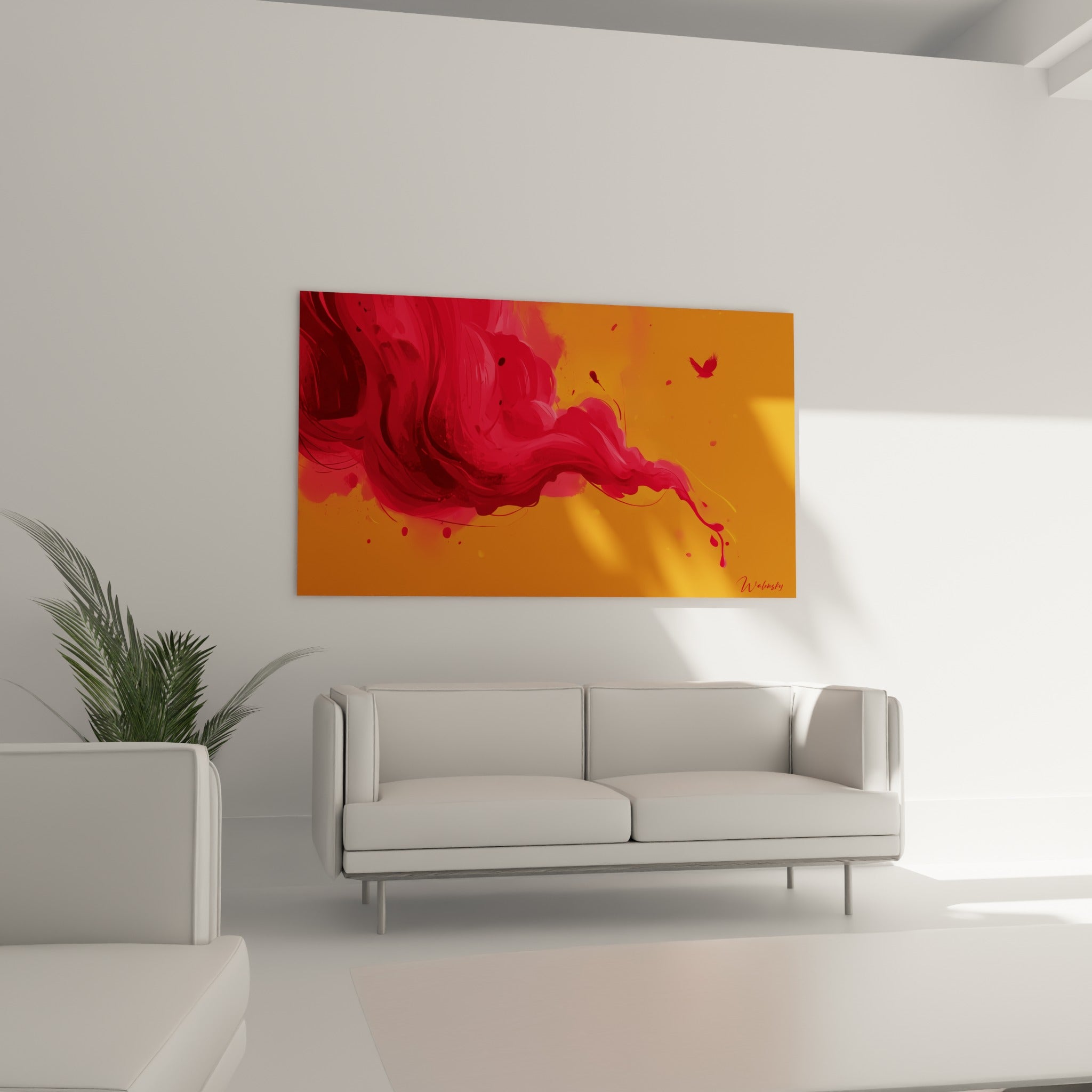 Forme rouge sombre s'étirant sur fond ocre, tableau artistique abstrait au-dessus d'un canapé dans un salon lumineux