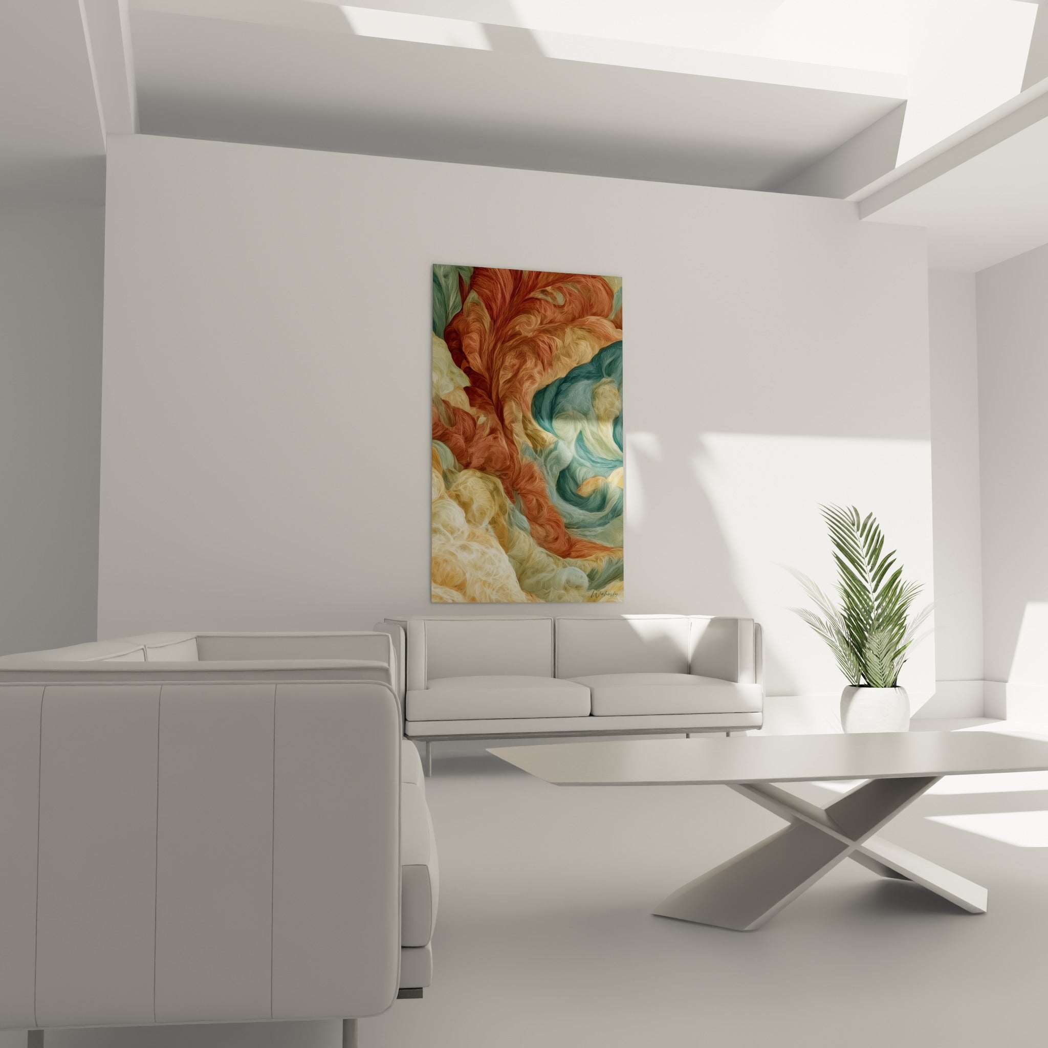 Courbes terracotta et sable fusionnées dans un tableau artistique abstrait, au-dessus d'un canapé dans un salon lumineux