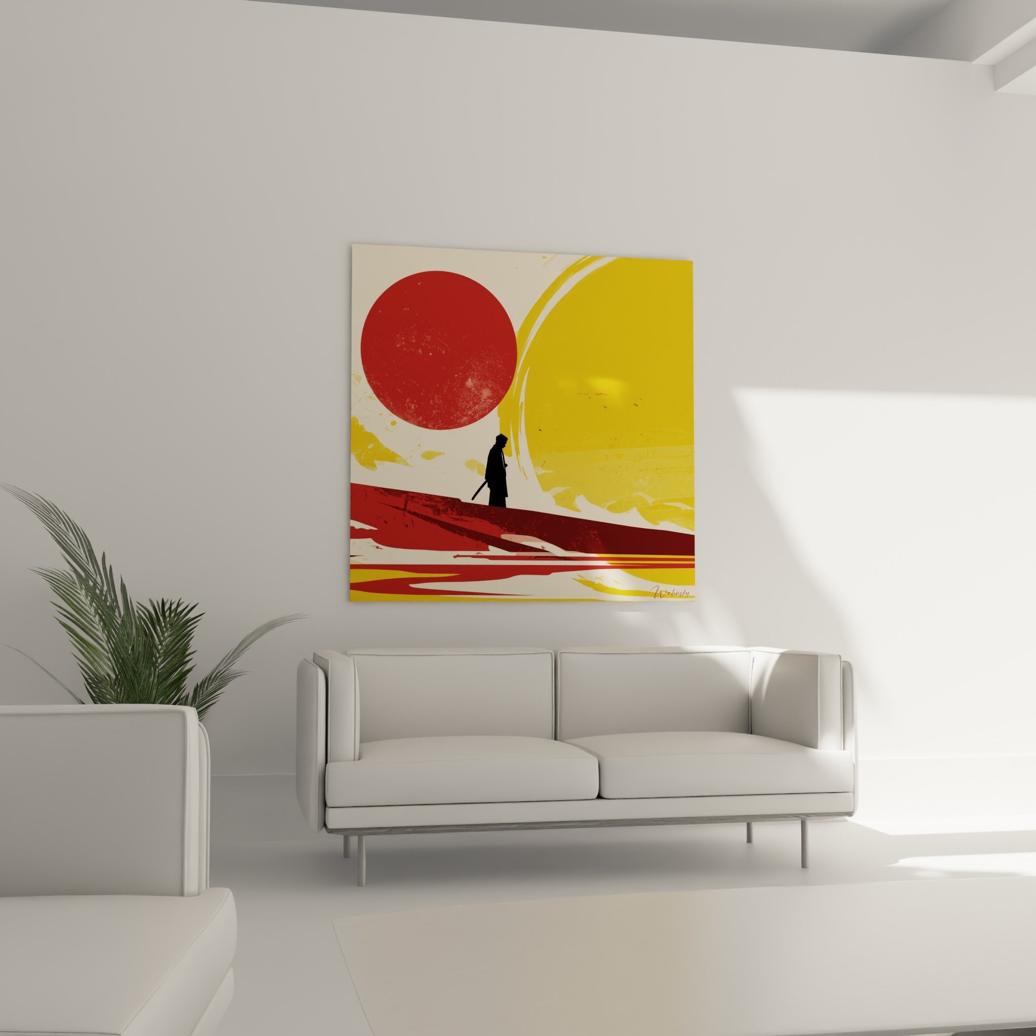 Silhouette de samouraï armé traversant un paysage ocre et bordeaux, au-dessus d'un canapé dans un salon lumineux