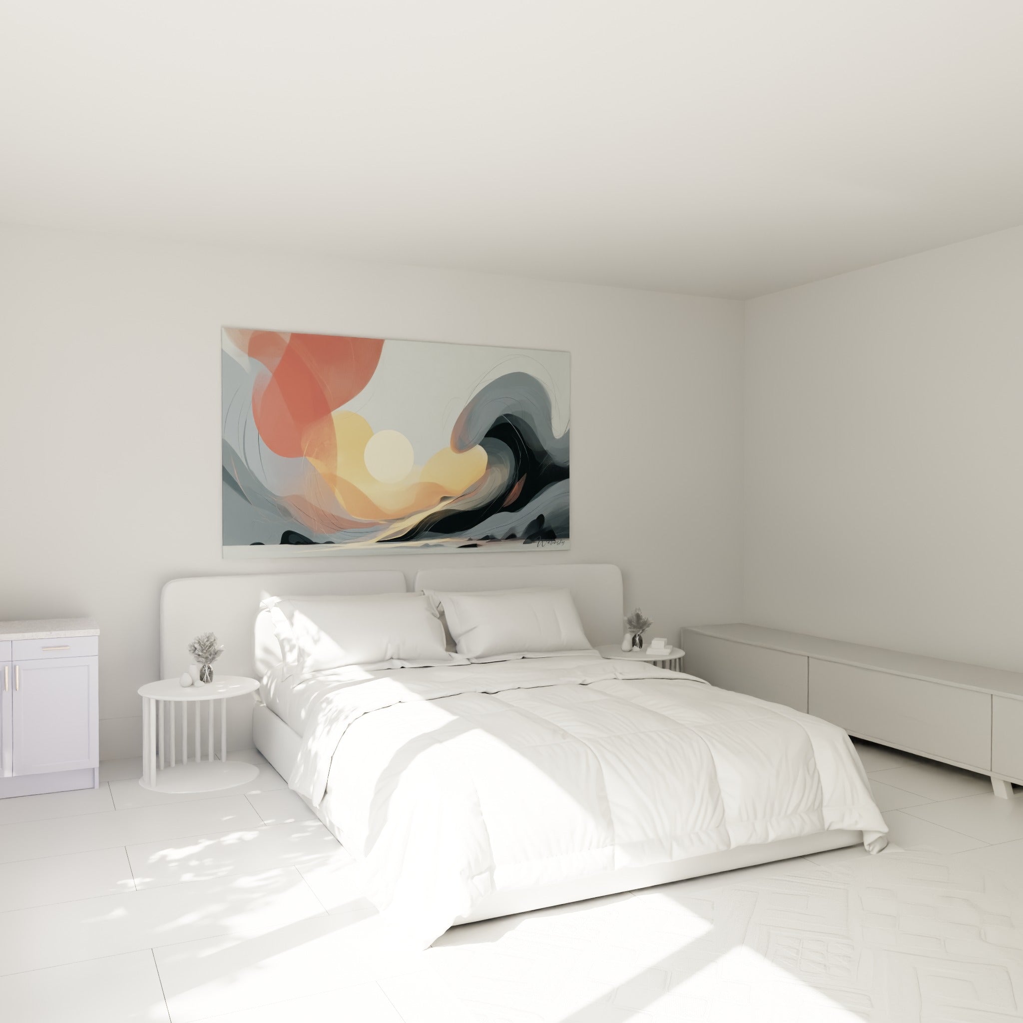 Soleil doré cerné d'une vague grise fluide, accroché au-dessus d'un lit dans une chambre claire