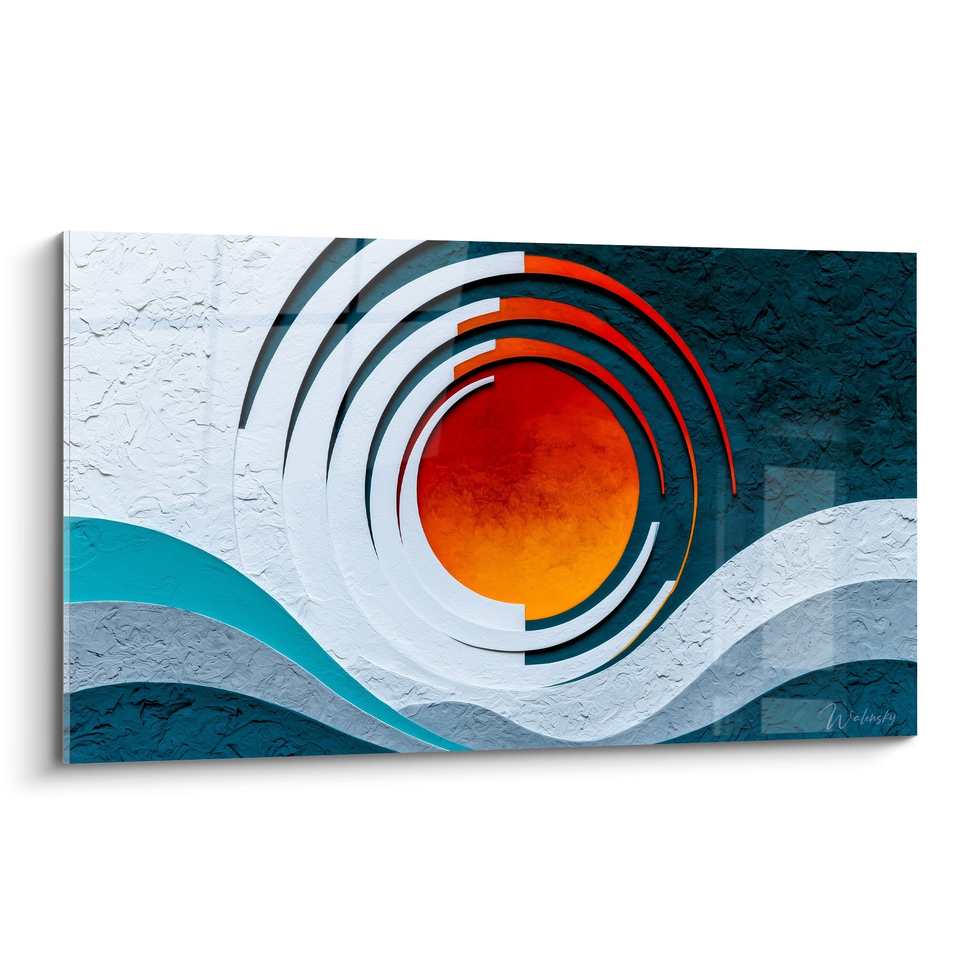Disque orange sculpté entouré de cercles blancs sur fond bleu pétrole texturé et profond