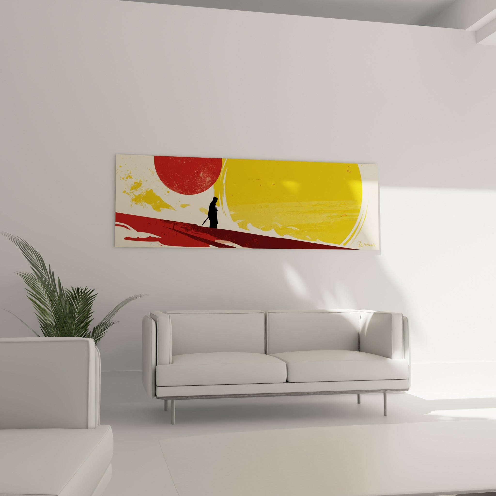 Silhouette de samouraï sur fond rouge terracotta et jaune, accrochée au-dessus d'un canapé dans un salon lumineux