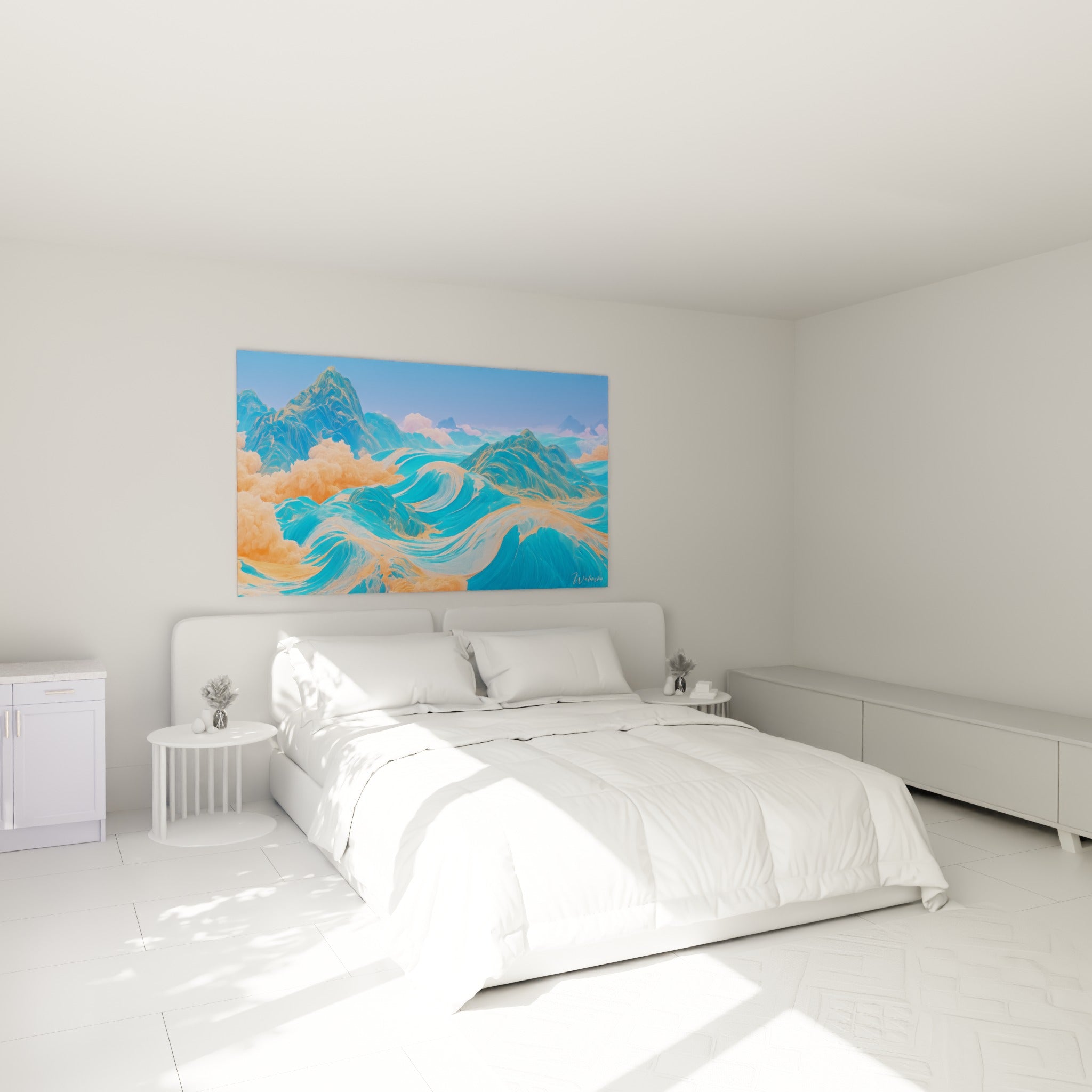Sommets bleu profond et volutes corail de ce tableau artistique abstrait au-dessus d'un lit dans une chambre claire