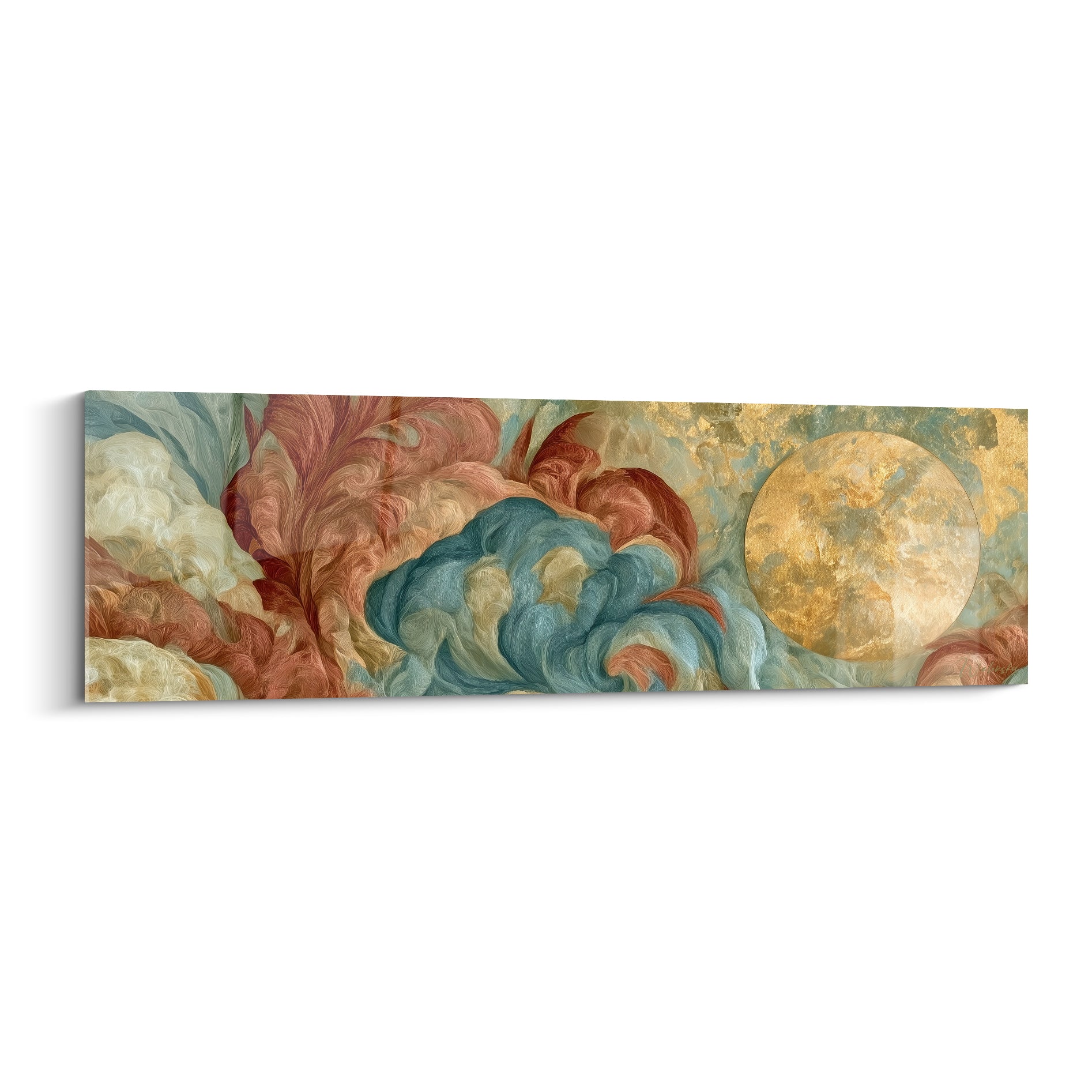 Sphère dorée artistique abstrait entourée de nuages terracotta et bleu sarcelle tourbillonnants