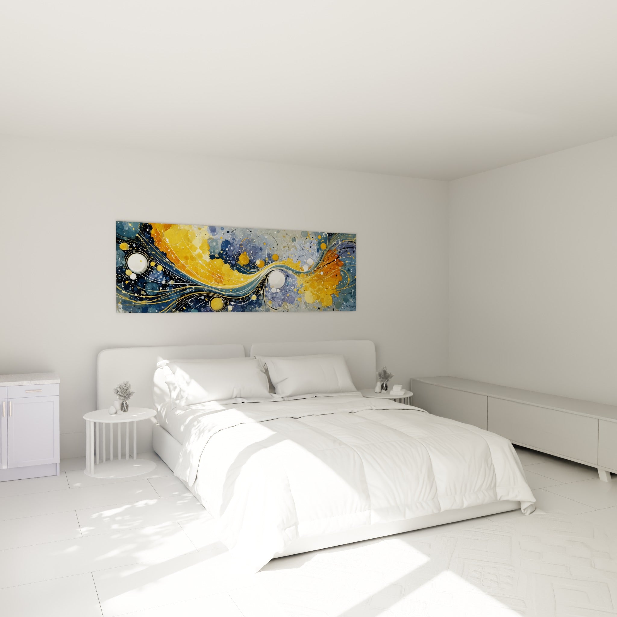 Nébuleuse dorée et anthracite aux sphères blanches, accrochée au-dessus d'un lit dans une chambre claire
