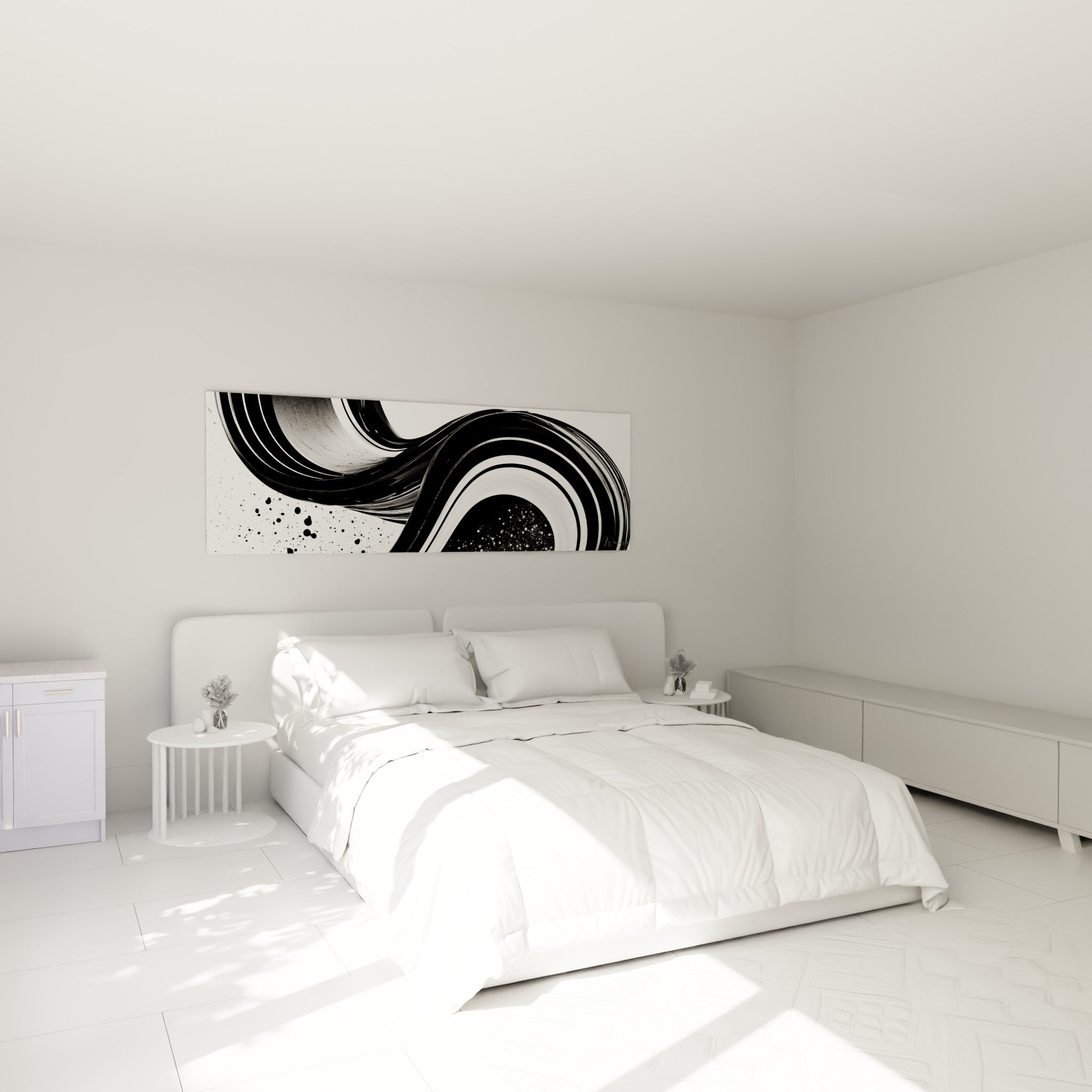 Spirale anthracite et blanche au mouvement fluide, au-dessus d'un lit dans une chambre claire