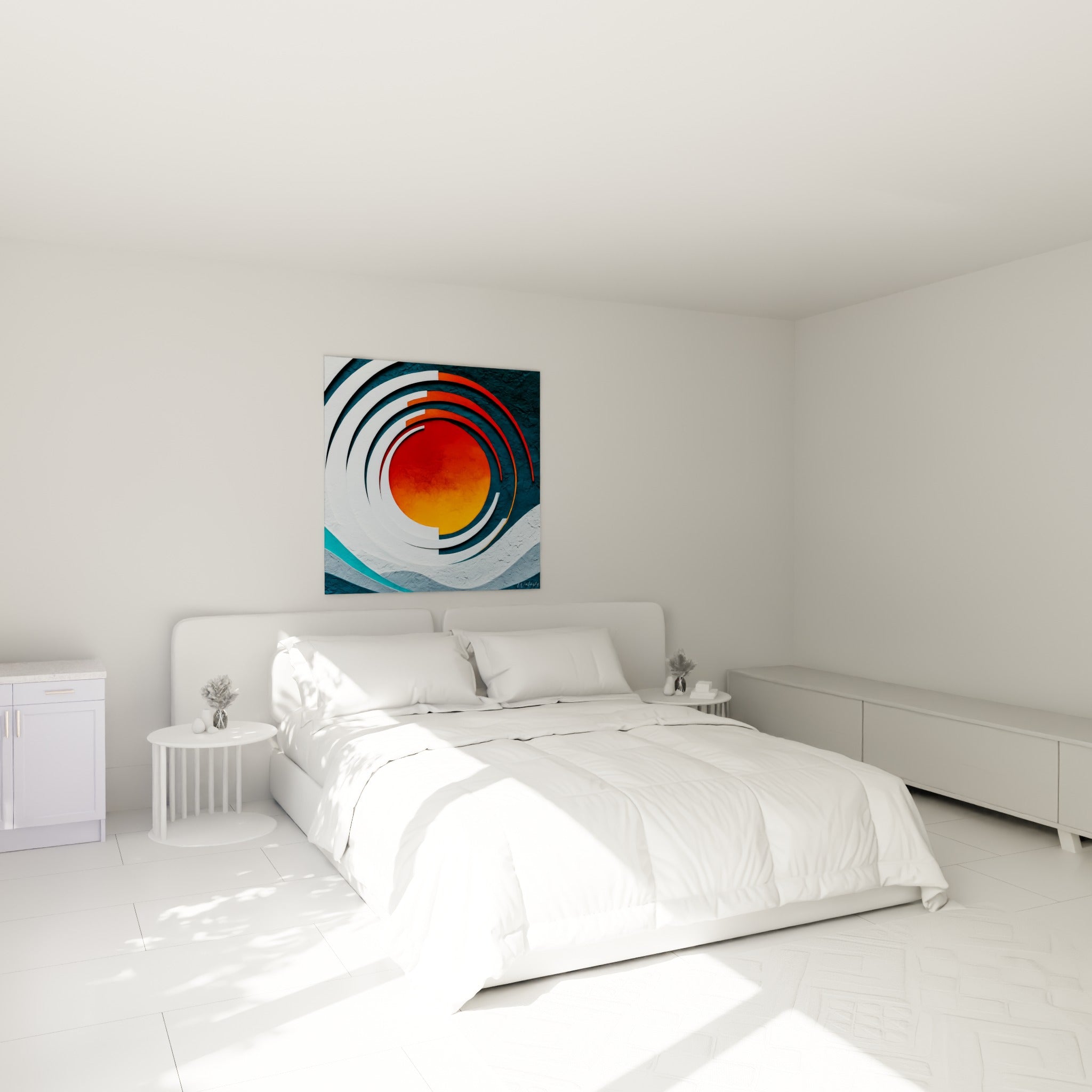Cercles blancs et sphère rouge orangé accrochés au-dessus d'un lit dans une chambre claire