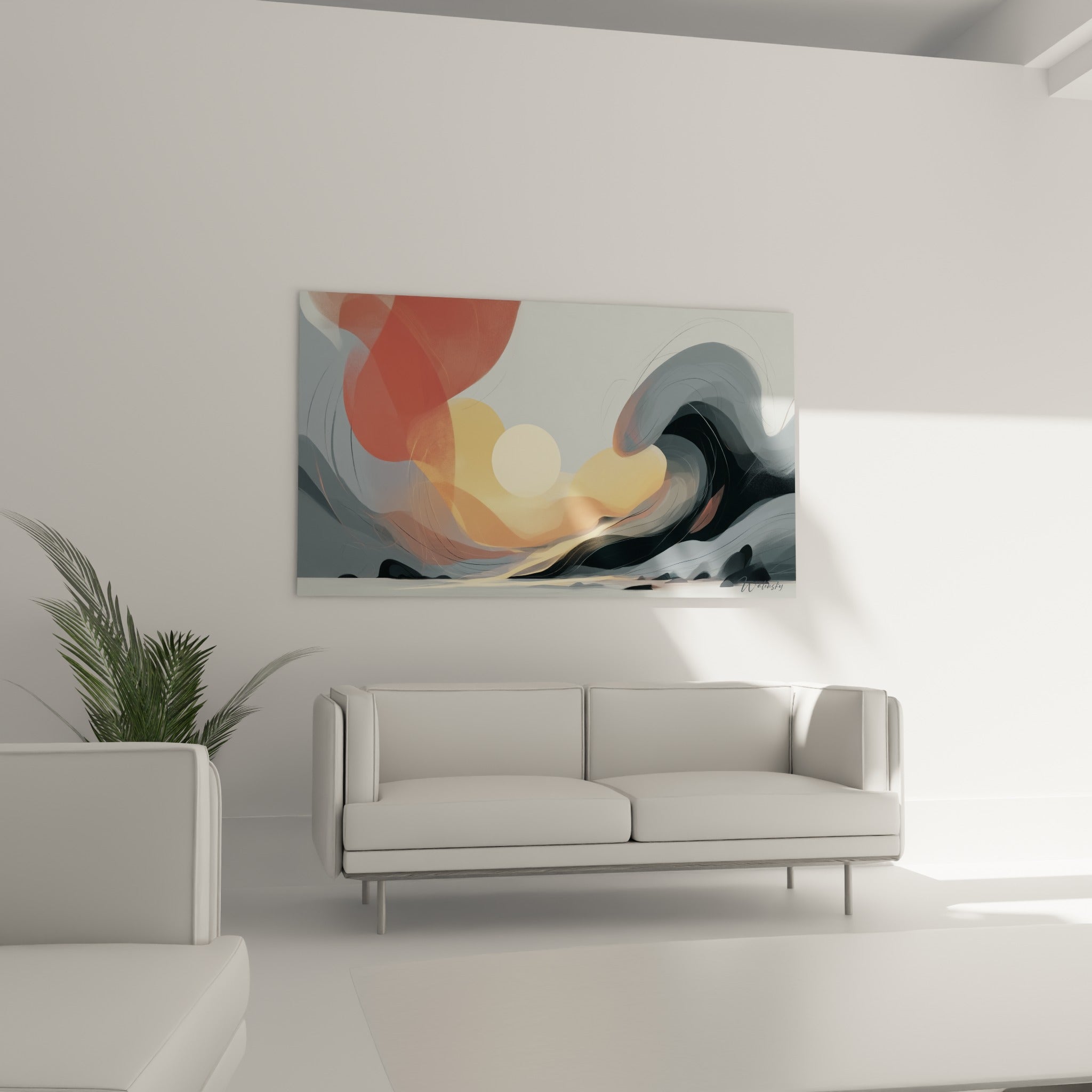 Spirale anthracite et lumière dorée se déploient au-dessus d'un canapé dans un salon lumineux