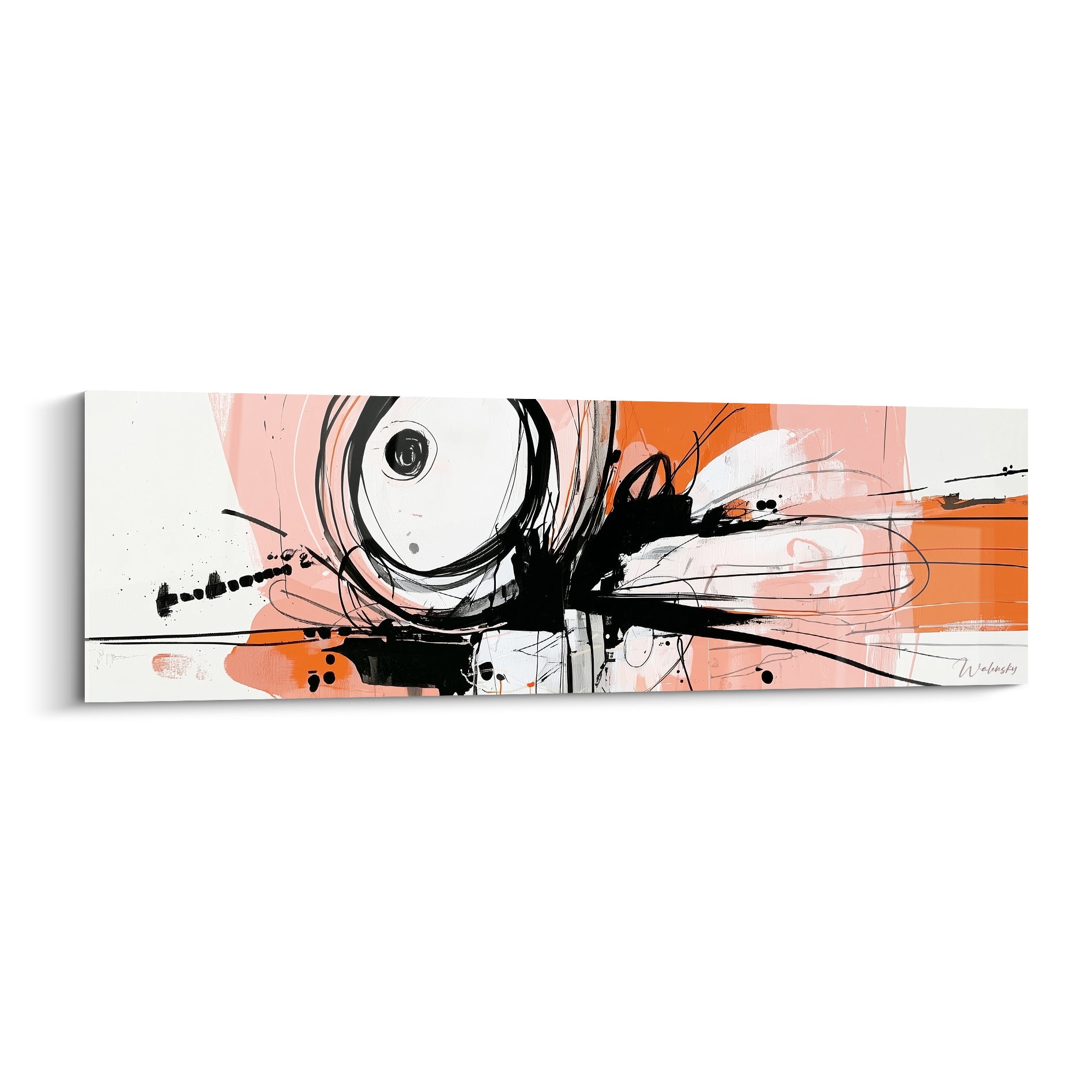 Spirale noire tracée au pinceau sur fond corail et blanc cassé, geste abstrait expressif