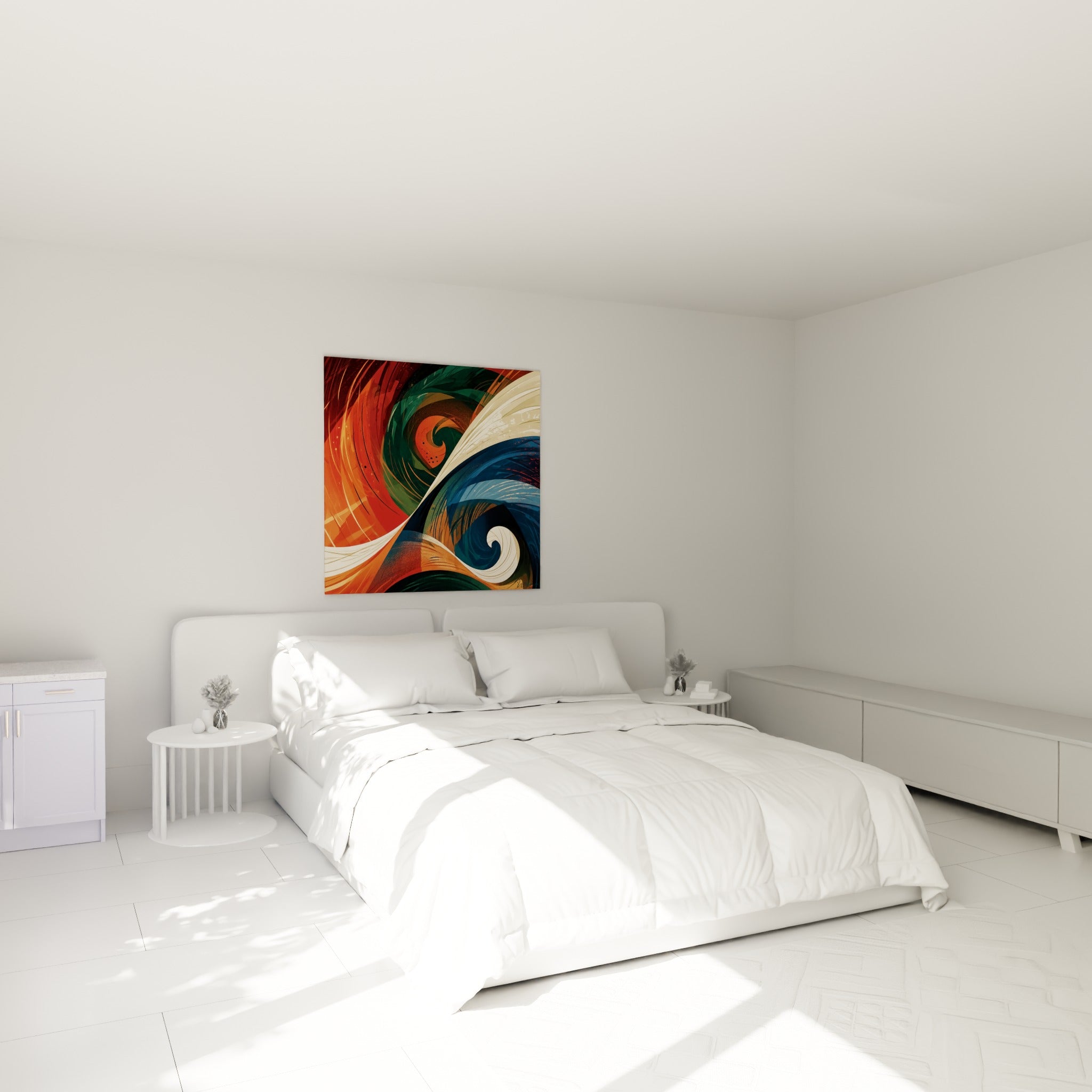 Tourbillon terracotta et bleu marine aux courbes marines, au-dessus d'un lit dans une chambre claire