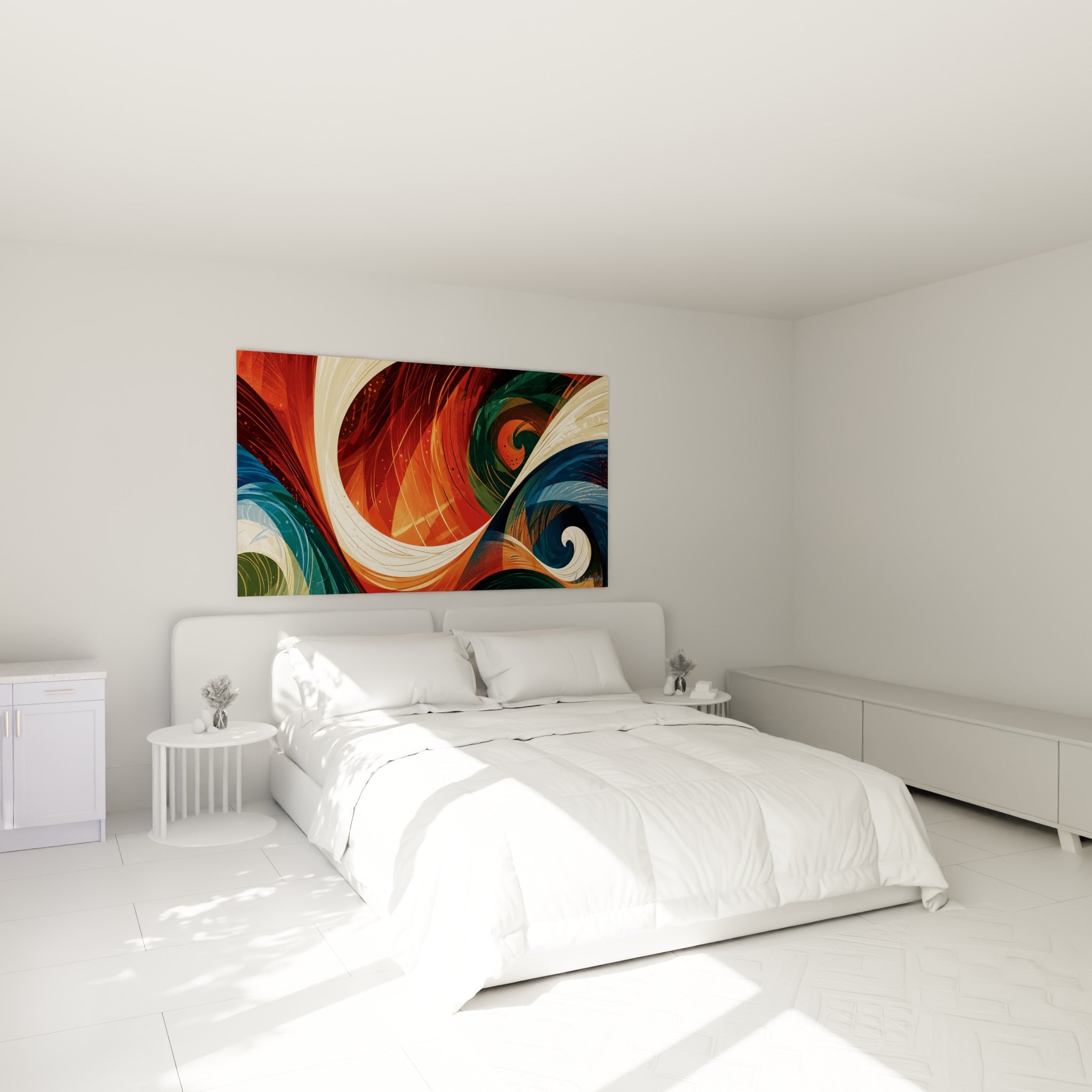 Vagues abstraites orangées et bleu marine accrochées au-dessus d'un lit dans une chambre claire