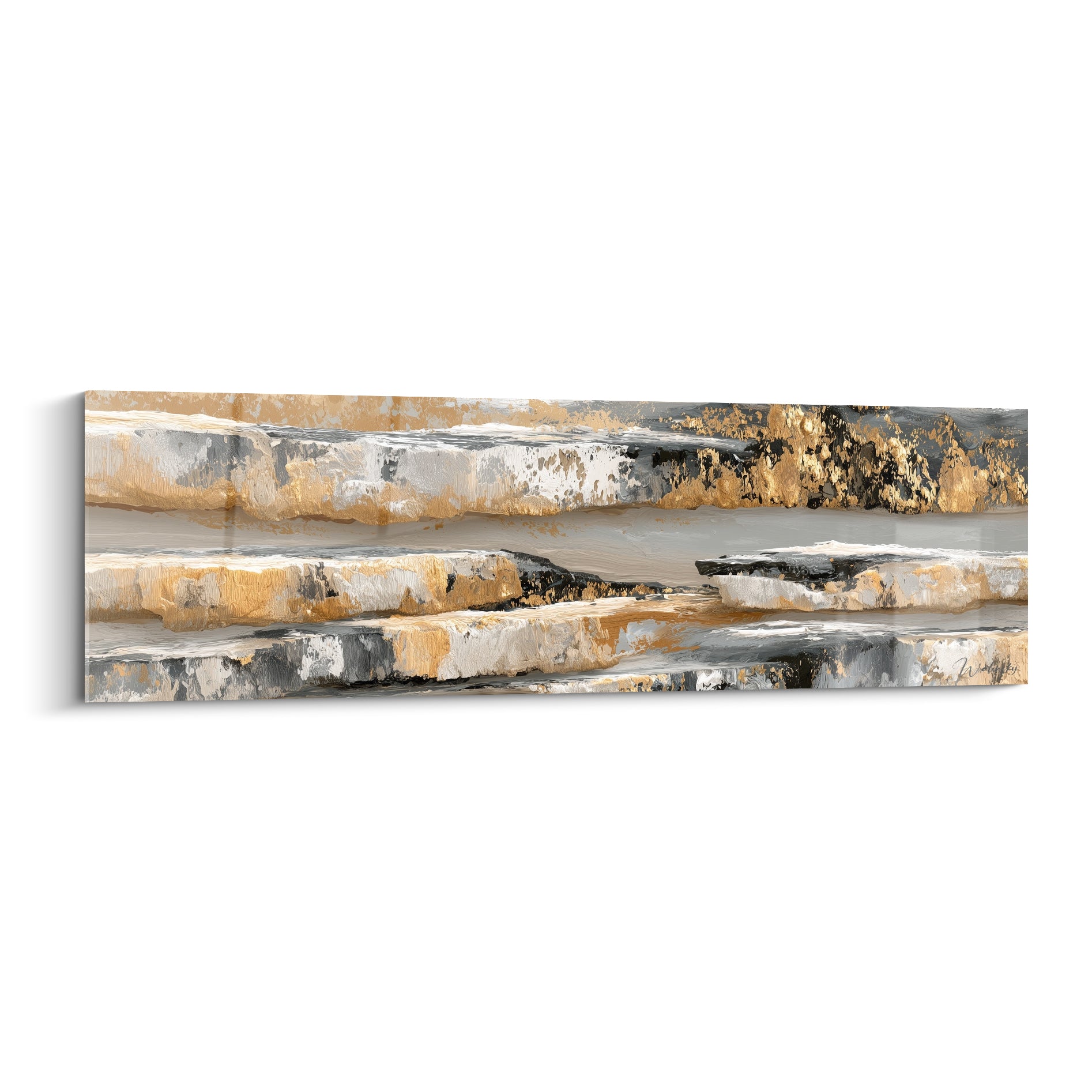 Strates rocheuses dorées et anthracite formant un paysage minéral abstrait sur toile allongée
