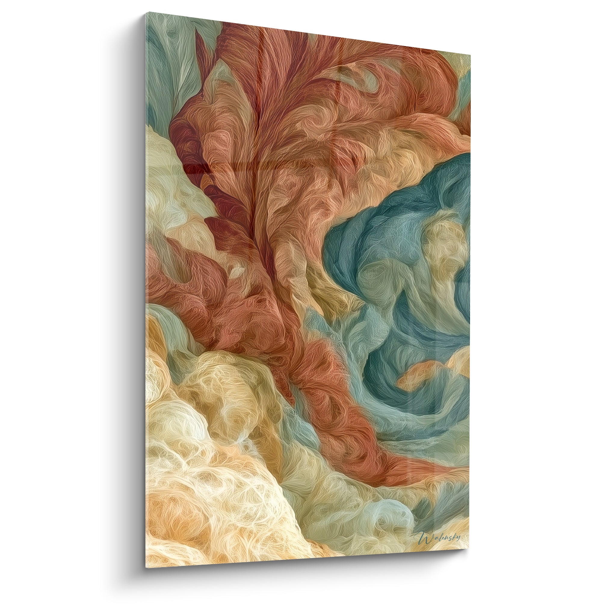 Tourbillons terracotta et bleu sarcelle sur toile artistique abstraite, texture veloutée et fluide