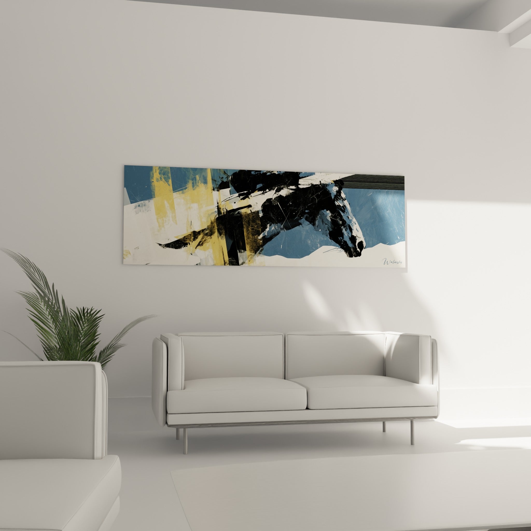 Silhouette équine morcelée aux tons anthracite et dorés, suspendue au-dessus d'un canapé dans un salon lumineux