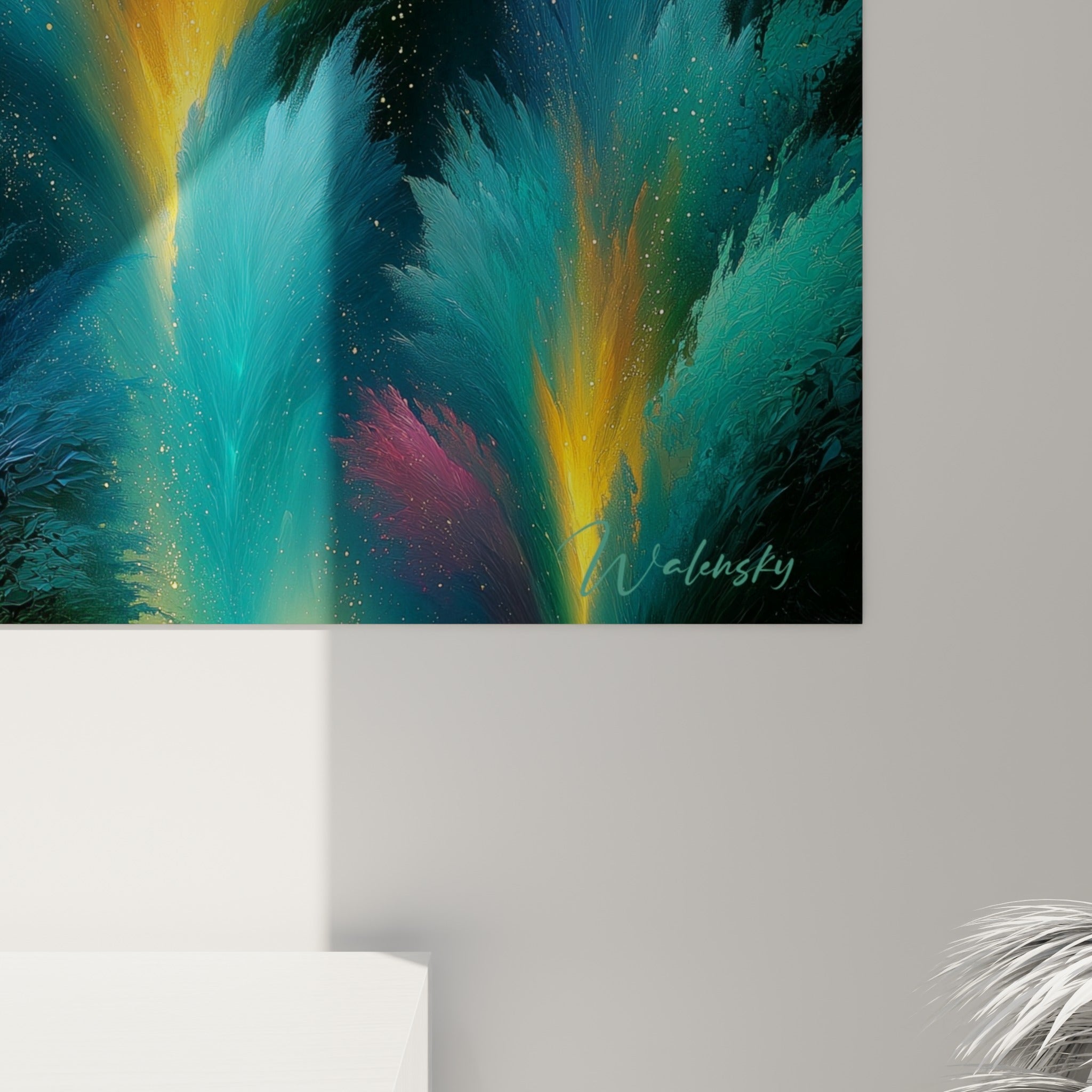 Grain et empâtements dorés se mêlant au turquoise profond, matière texturée de ce tableau artistique abstrait