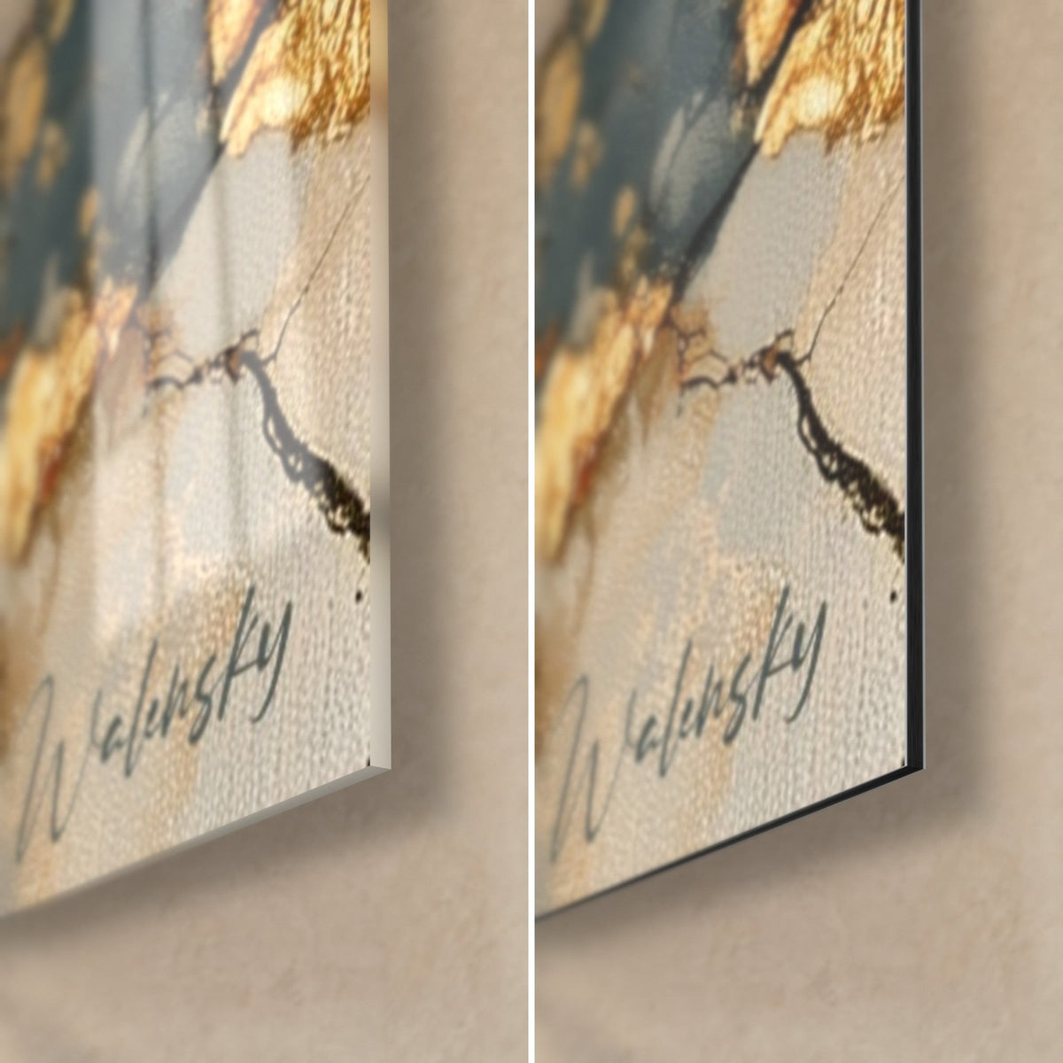 Tableau abstrait fissures dorées, coin bas droit en verre brillant à reflets et en alu Dibond mat, tranche de 3 mm et signature