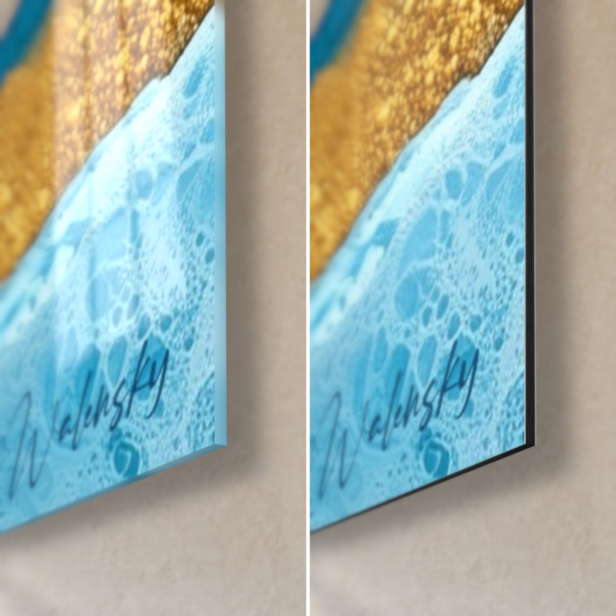 Quadro flussi marini punteggiati d'oro, angolo in basso a destra in vetro lucido e Dibond opaco, firma Walensky e bordo di 3 mm