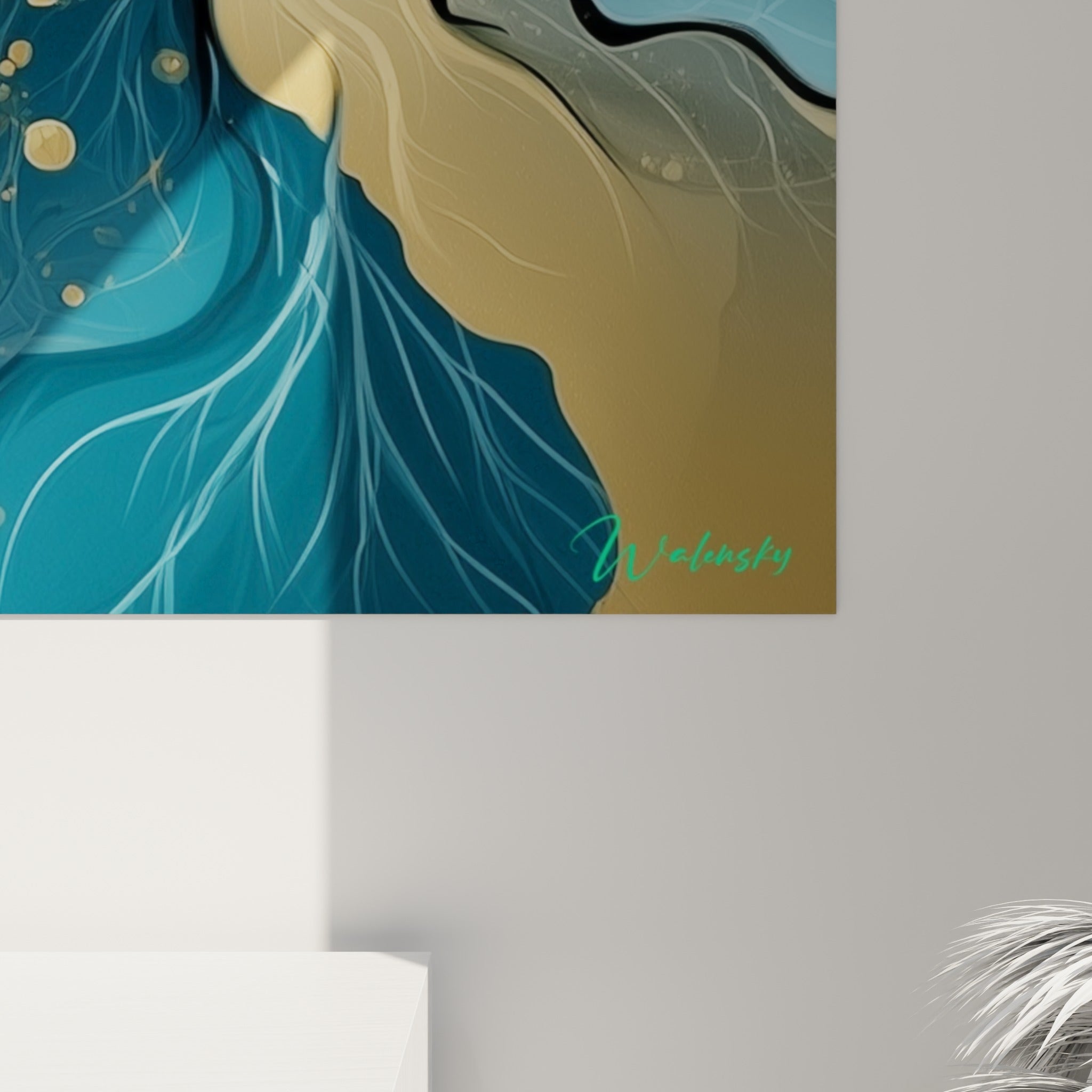 Détail des empâtements dorés et bleu turquoise, grain brillant révélant les nervures noires de la toile