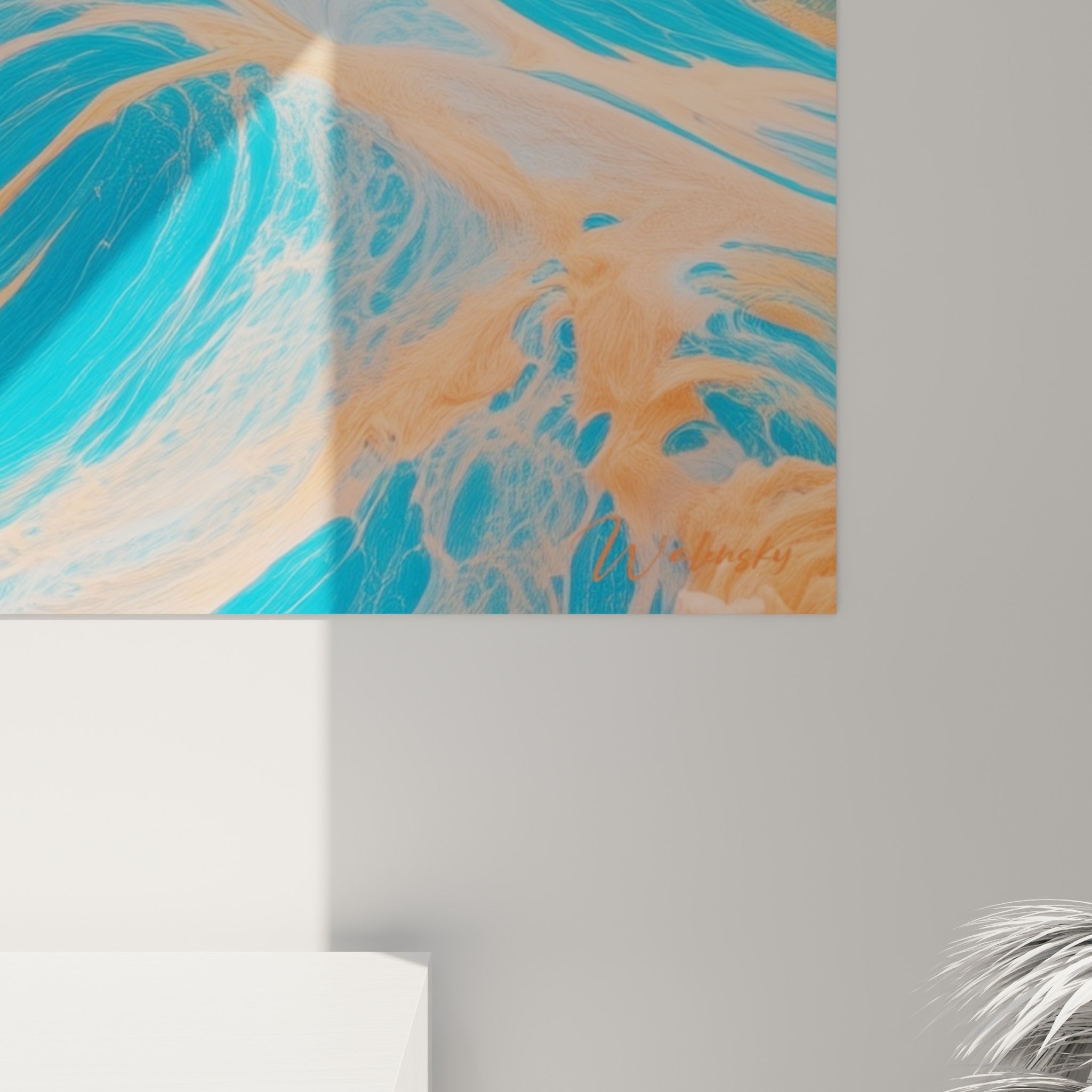 Empâtements dorés et coulures turquoise révèlent la matière dense de cette peinture montagneuse abstraite