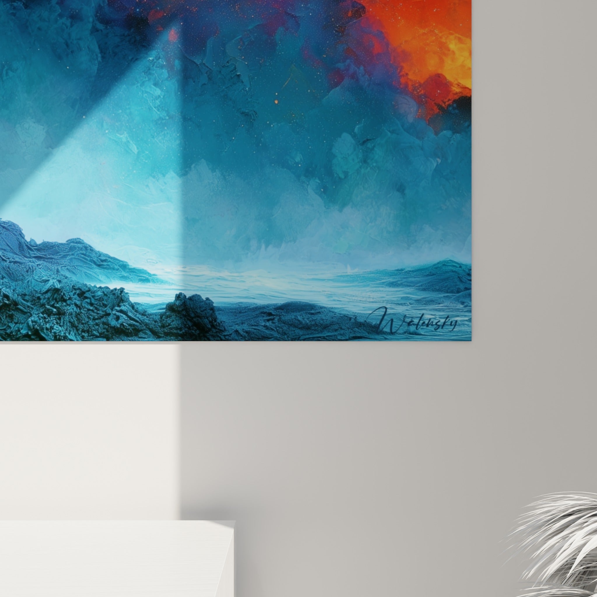 Empâtements bleu profond et coulures orange révèlent la texture épaisse de la peinture à l'huile