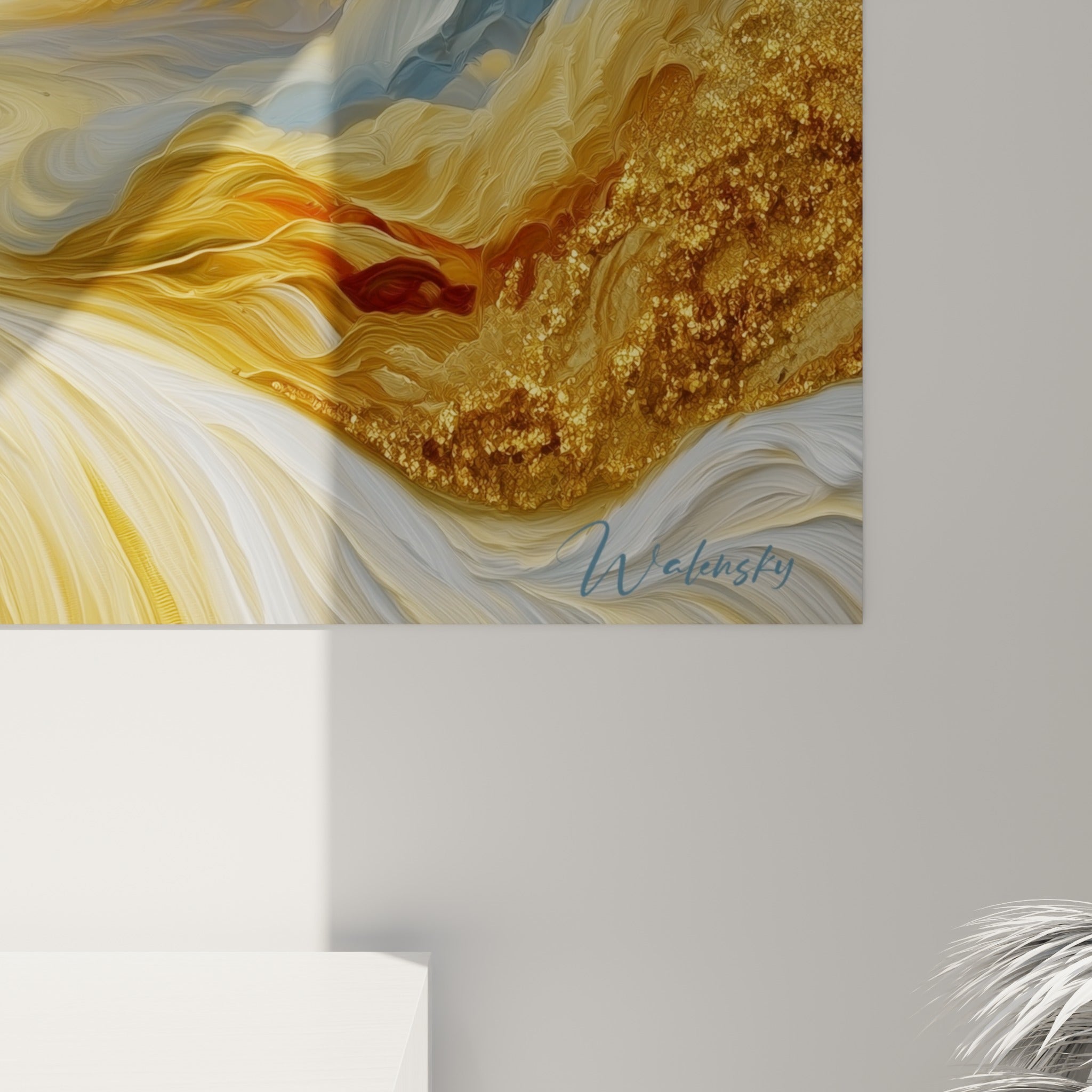 Empâtements blancs et grains dorés se mêlant en gros plan, révélant la matière de l'impression