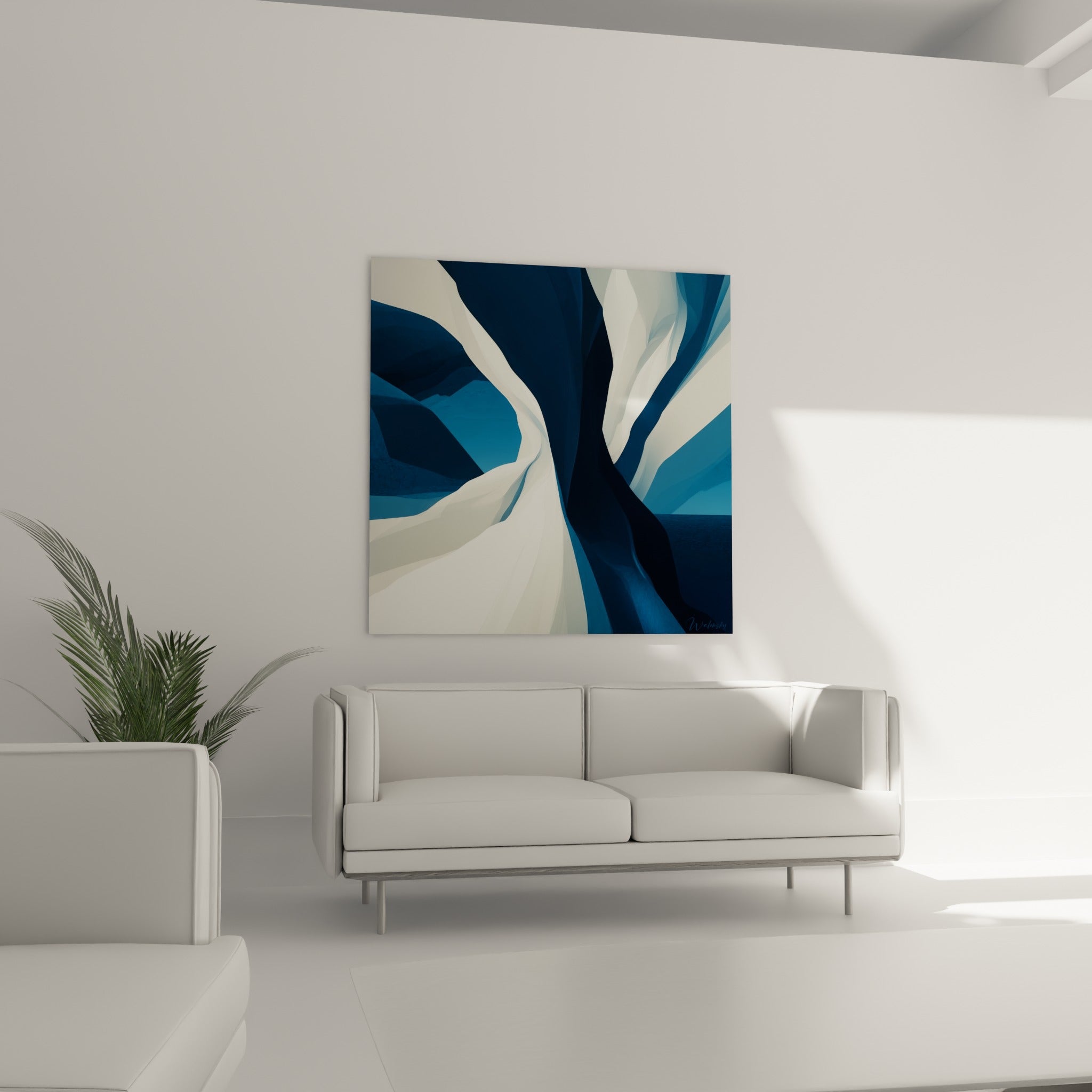 Plis fluides anthracite et blancs de ce tableau artistique abstrait au-dessus d'un canapé dans un salon lumineux