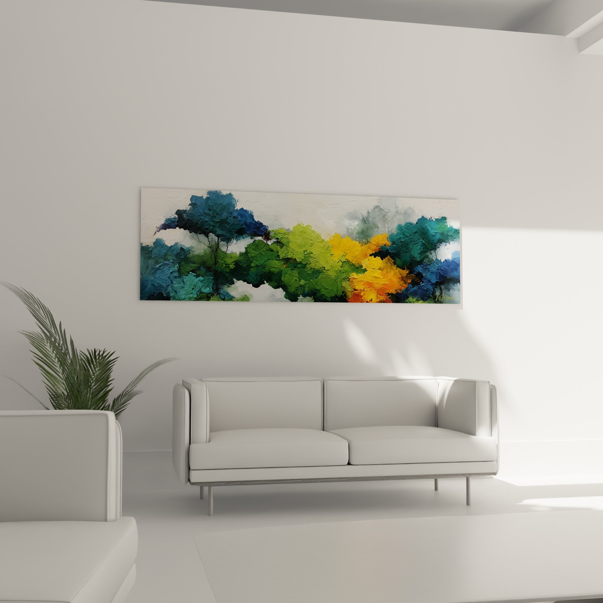 Toile végétale bleu pétrole et jaune doré, accrochée au-dessus d'un canapé dans un salon lumineux