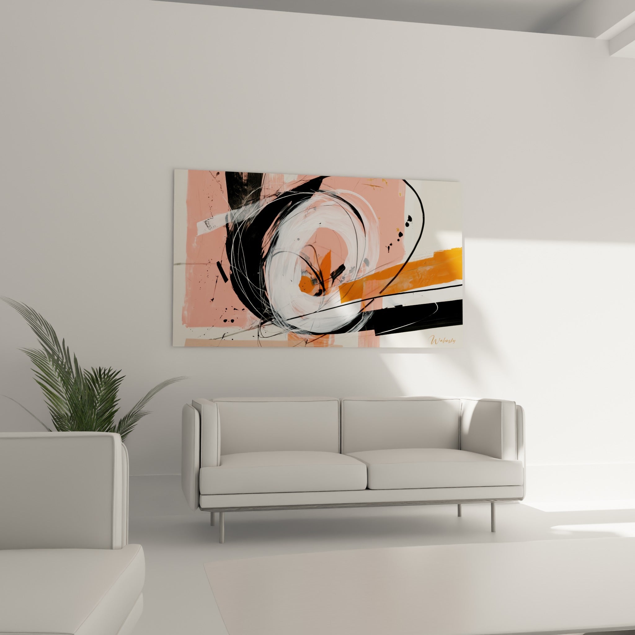 Motif circulaire blanc et touches orange vif sur fond corail, tableau artistique abstrait au-dessus d'un canapé dans un salon lumineux