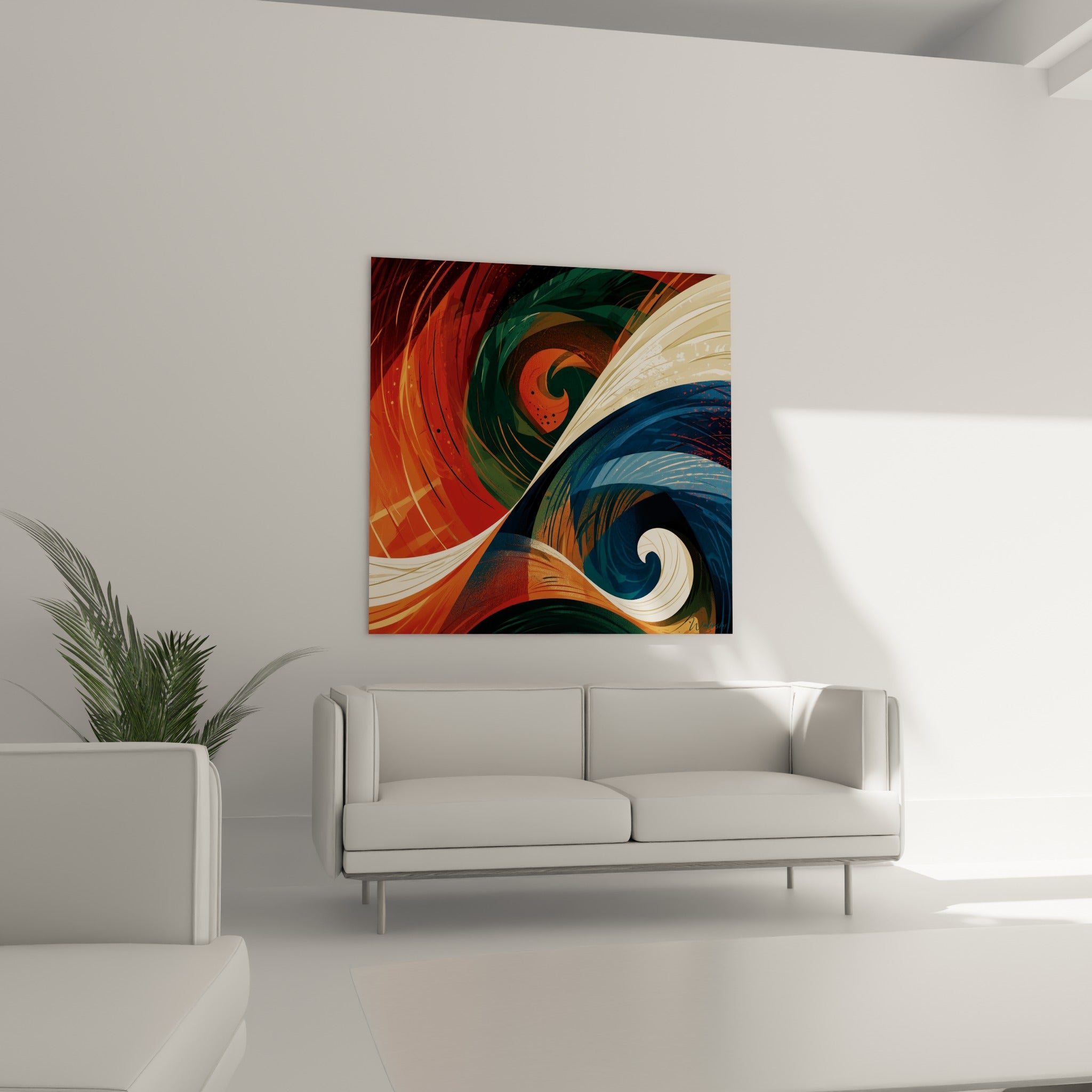 Composition orange et bleu profond en spirales fluides, au-dessus d'un canapé dans un salon lumineux