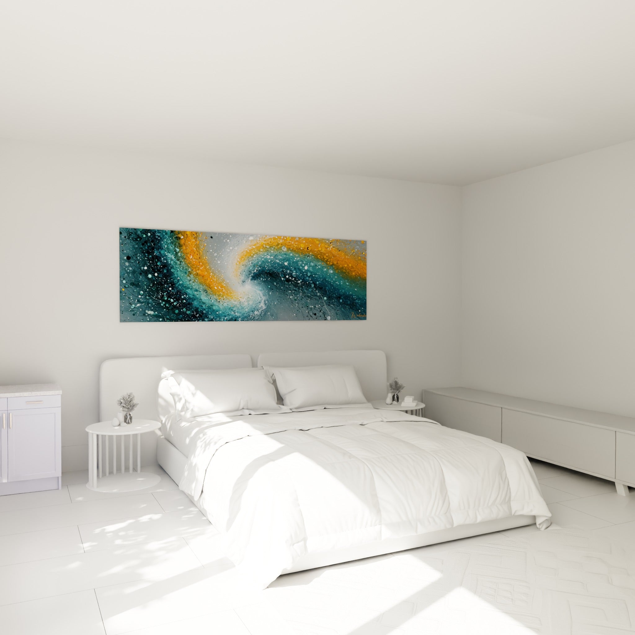 Tourbillon galactique orange et bleu pétrole, œuvre abstraite au-dessus d'un lit dans une chambre claire
