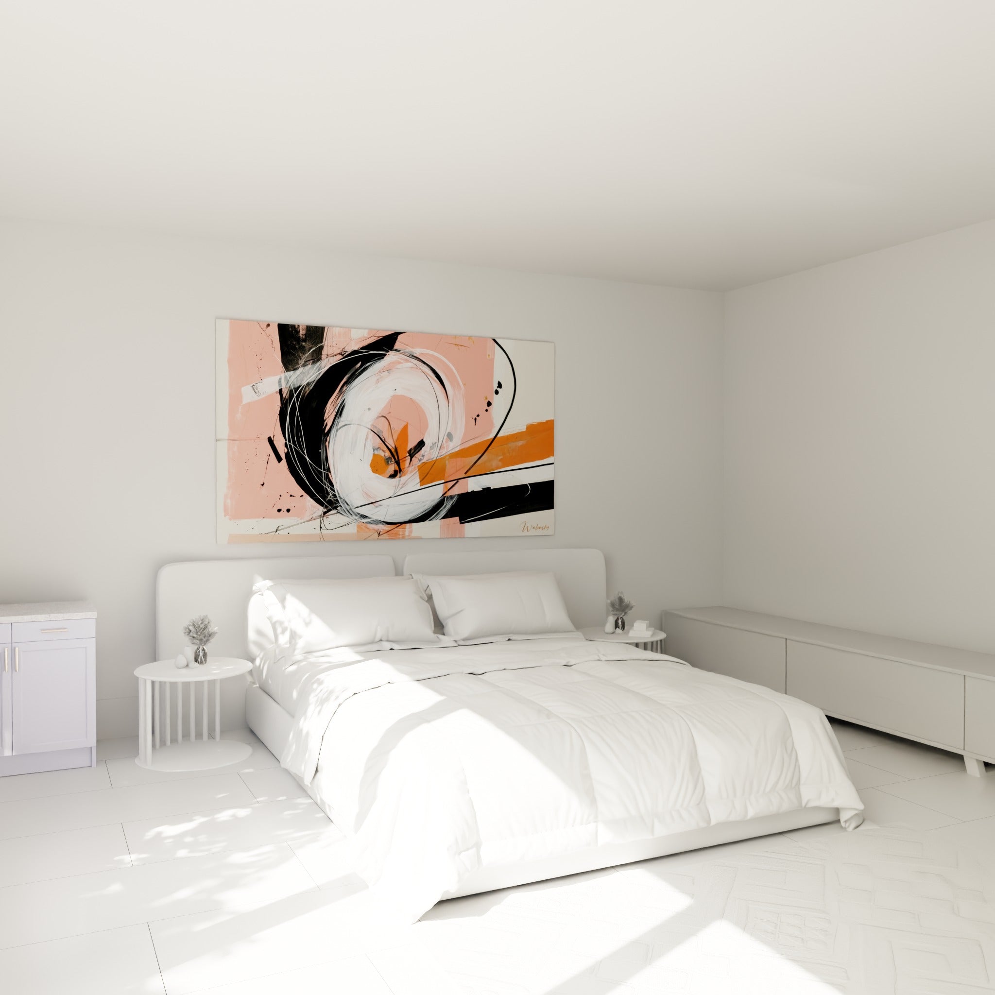Tourbillon blanc cerclé de noir sur fond corail, tableau artistique abstrait au-dessus d'un lit dans une chambre claire