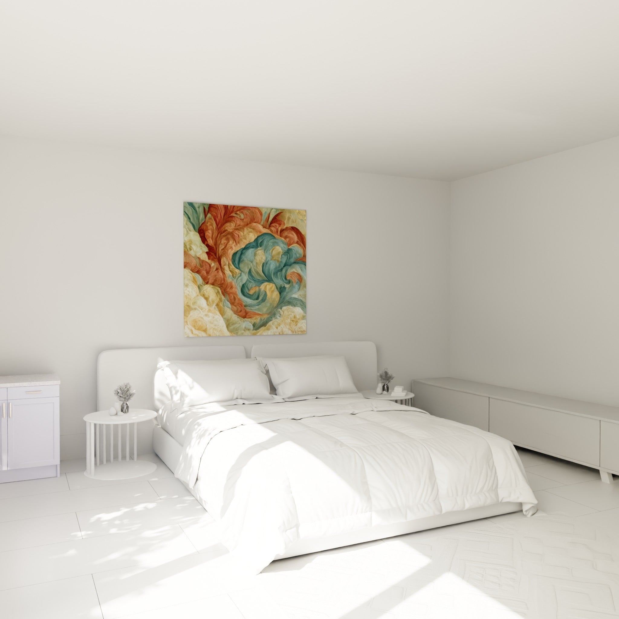 Tourbillon terracotta et bleu sarcelle accroché au-dessus d'un lit dans une chambre claire