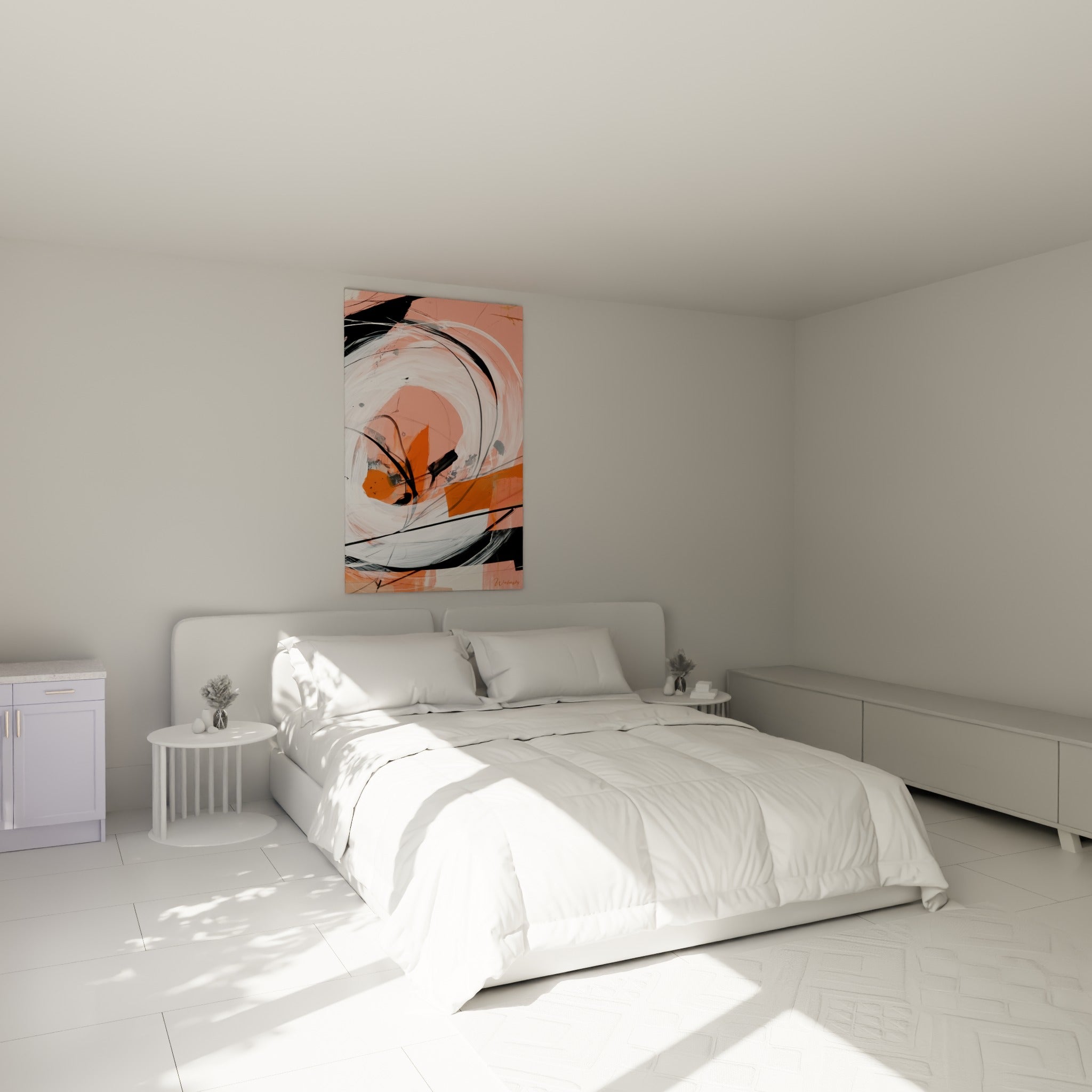 Tourbillon blanc et orange brûlé, geste peint spontané, au-dessus d'un lit dans une chambre claire