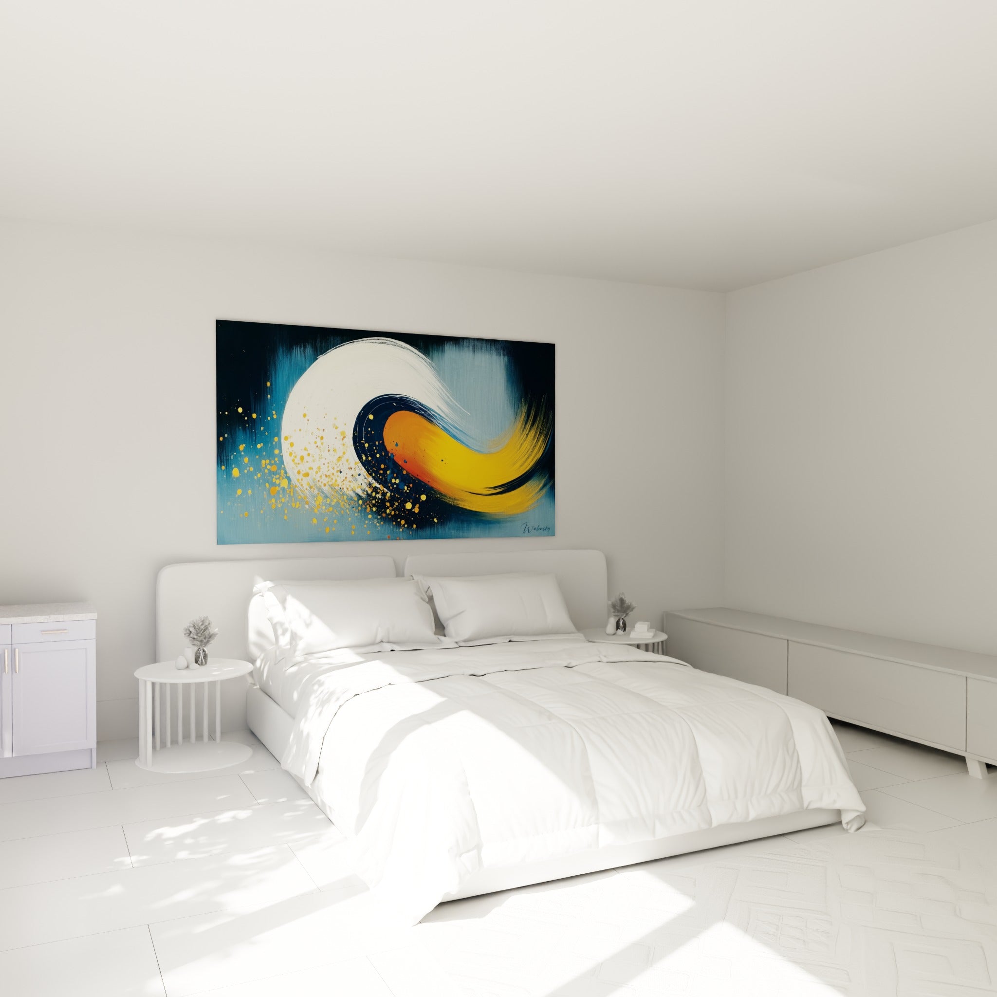Spirale abstraite bleu marine et orange déployée au-dessus d'un lit dans une chambre claire et épurée