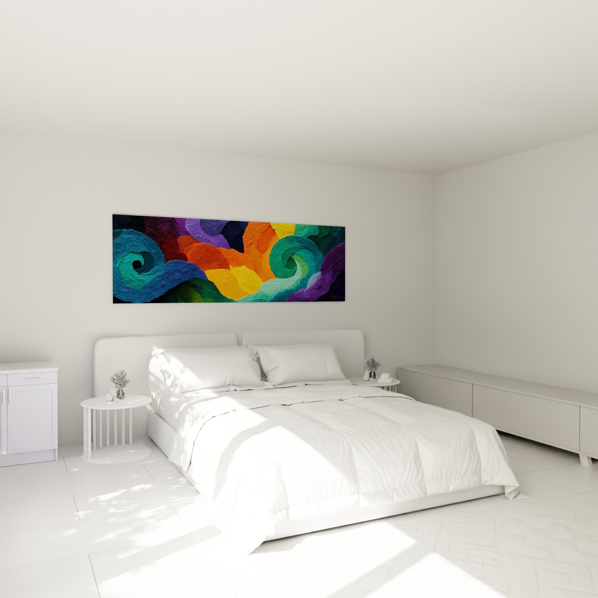 Tourbillon orange et vert émeraude de ce tableau artistique abstrait suspendu au-dessus d'un lit dans une chambre claire