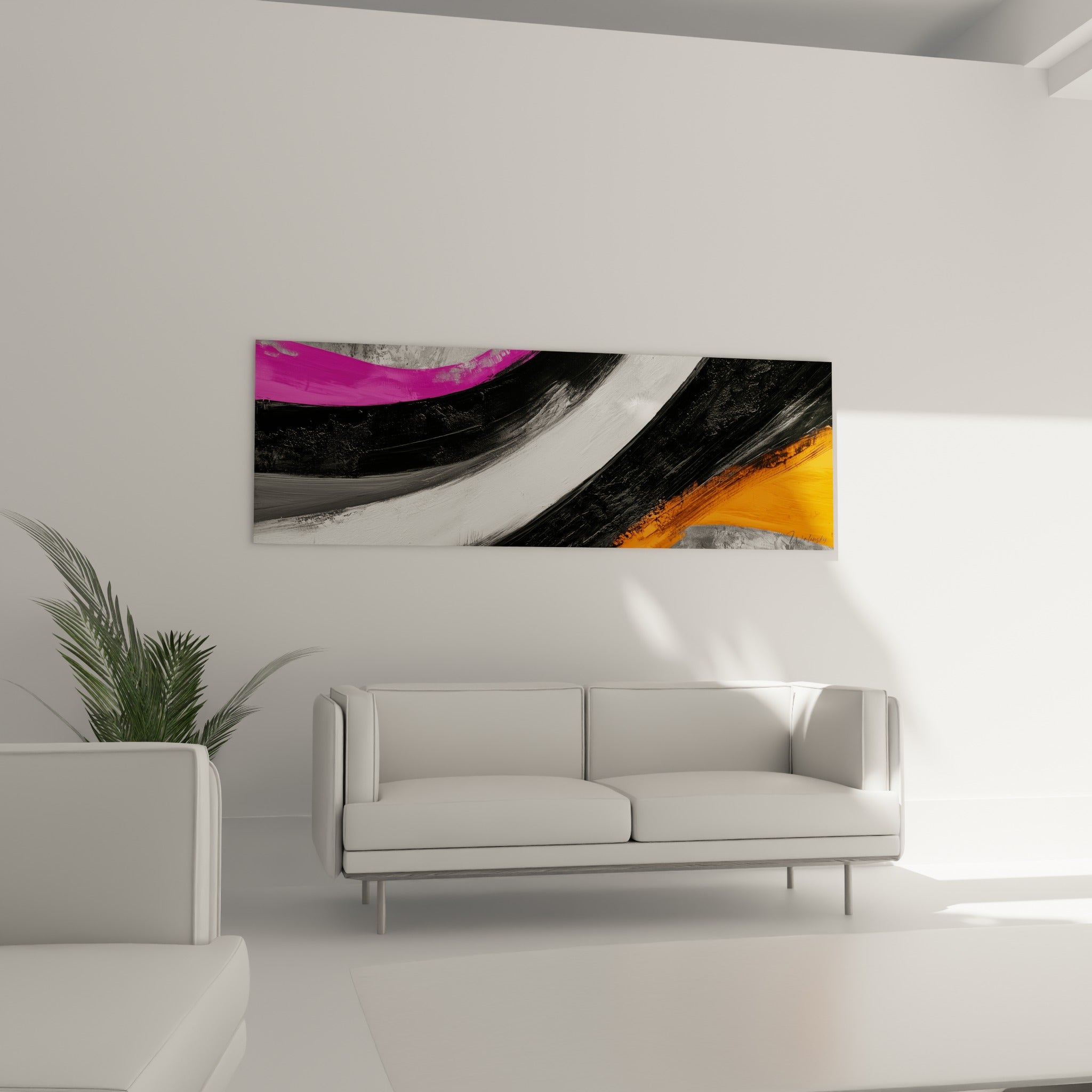 Traces de peinture magenta et blanche de ce tableau artistique abstrait, au-dessus d'un canapé dans un salon lumineux