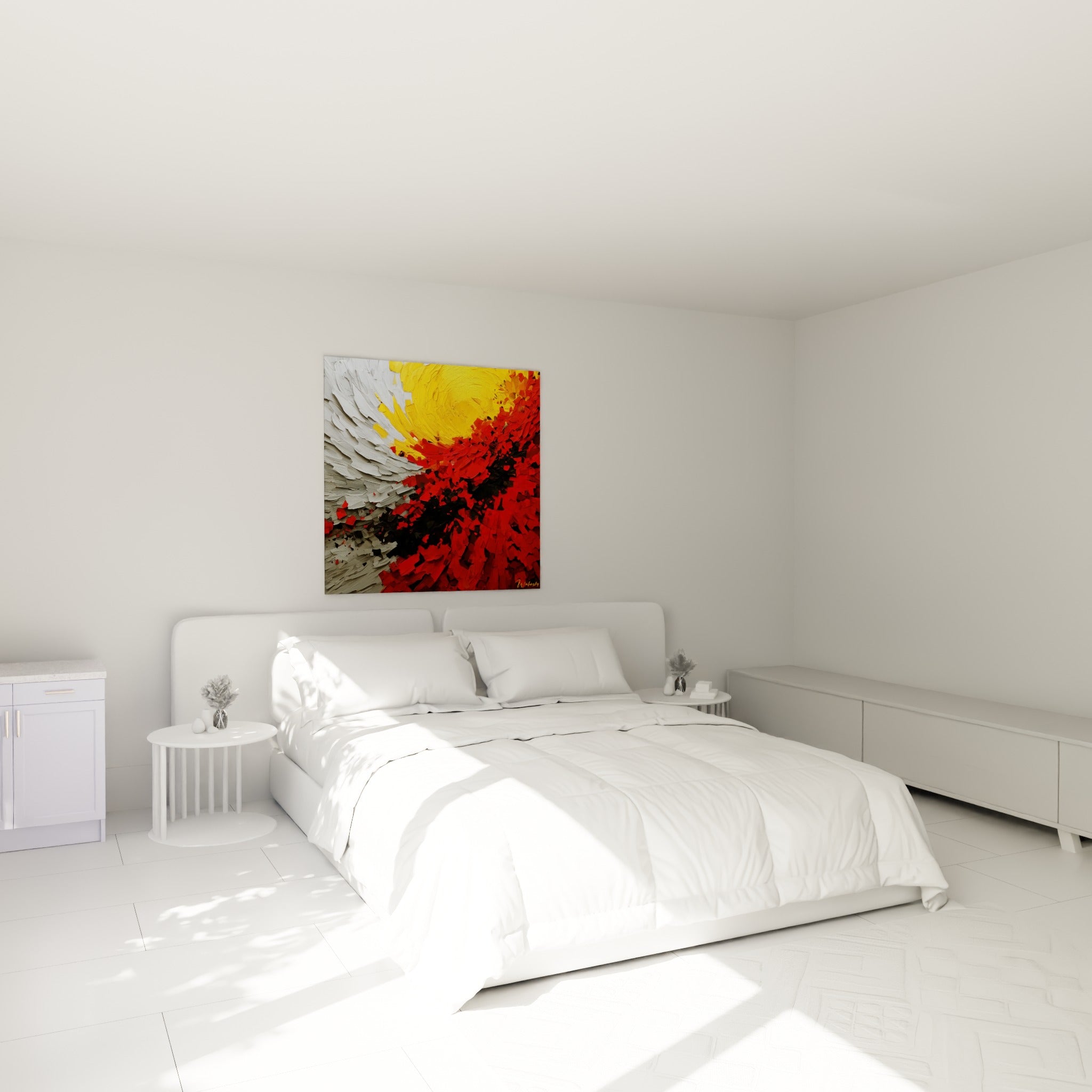 Vagues de blanc et jaune éclatant se muant en rouge profond, accrochées au-dessus d'un lit dans une chambre claire