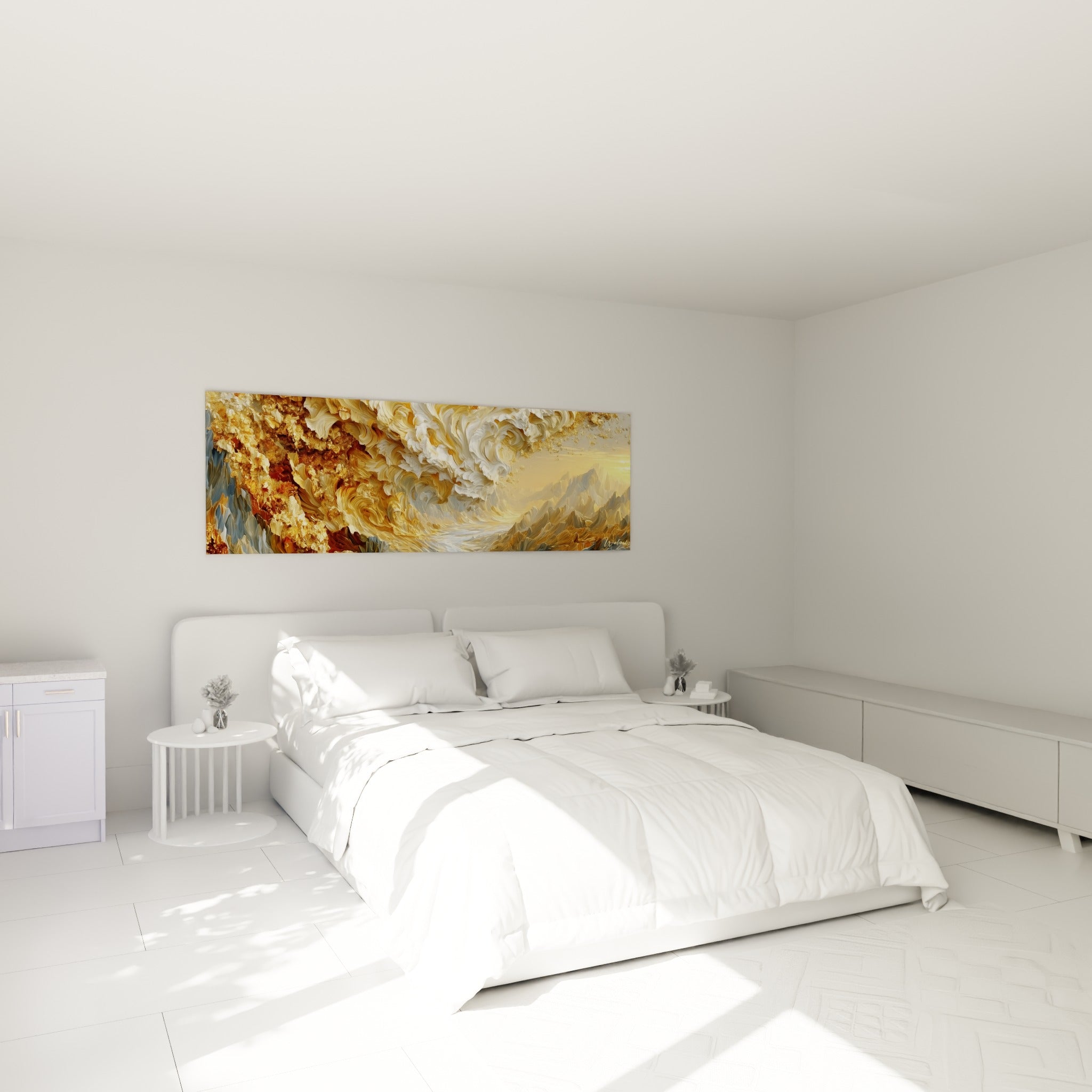 Déferlante dorée et blanche aux empâtements texturés, au-dessus d'un lit dans une chambre claire