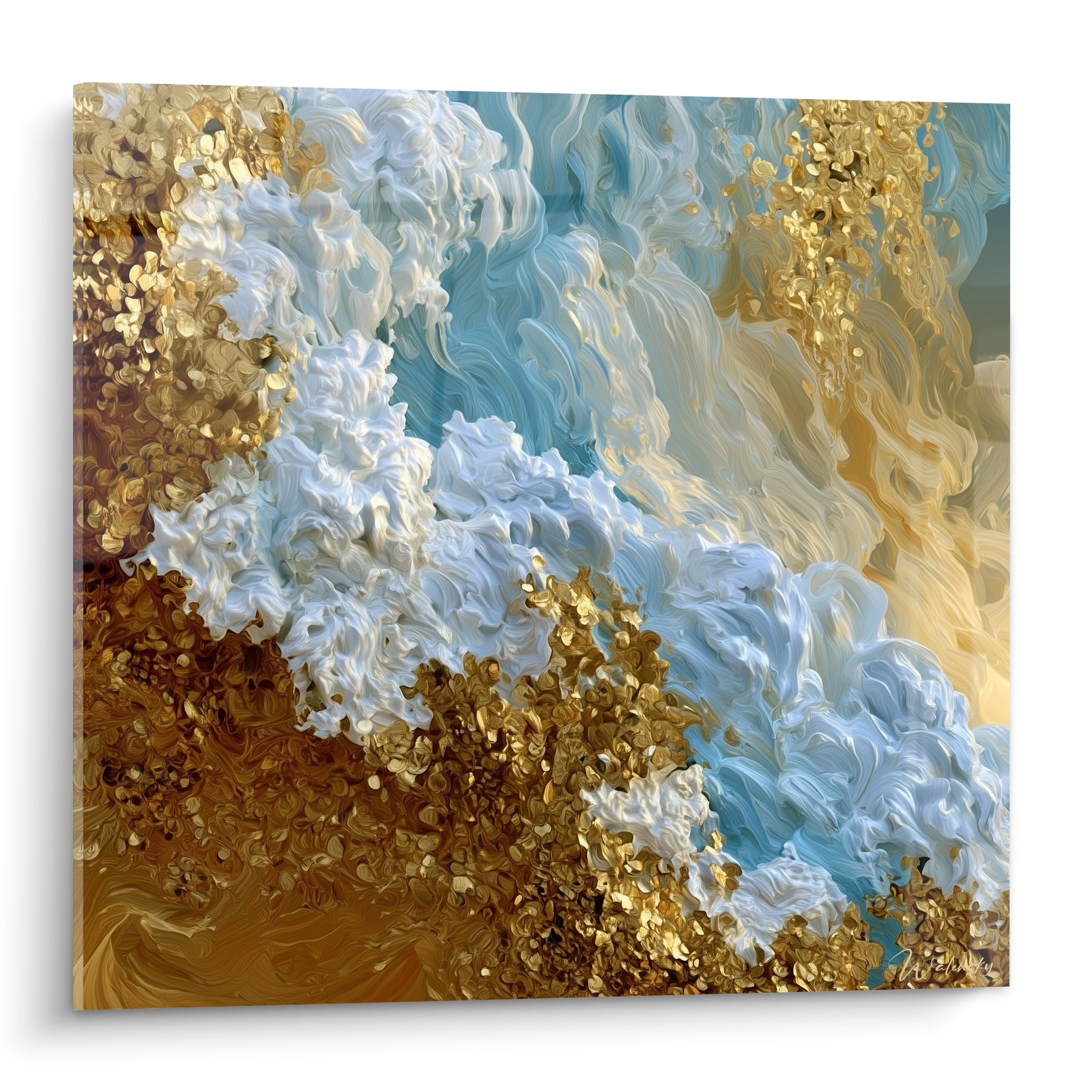 Vague abstraite dorée et turquoise aux empâtements sculpturaux et reflets métalliques intenses