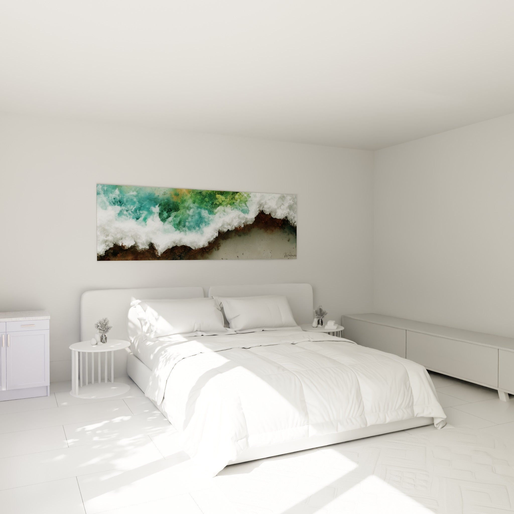 Écume blanche et eau émeraude d'une vague marine, accrochée au-dessus d'un lit dans une chambre claire
