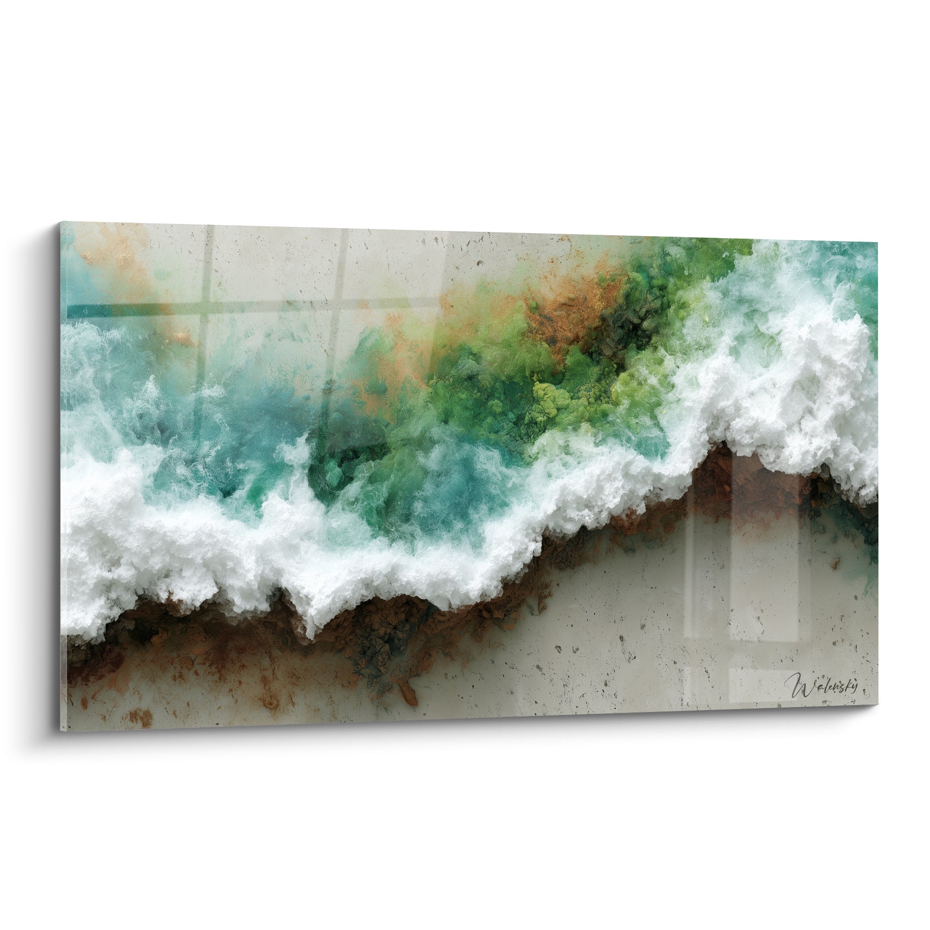 Vague écumante vert émeraude et blanc déferlant sur fond minéral ocre et terracotta texturé