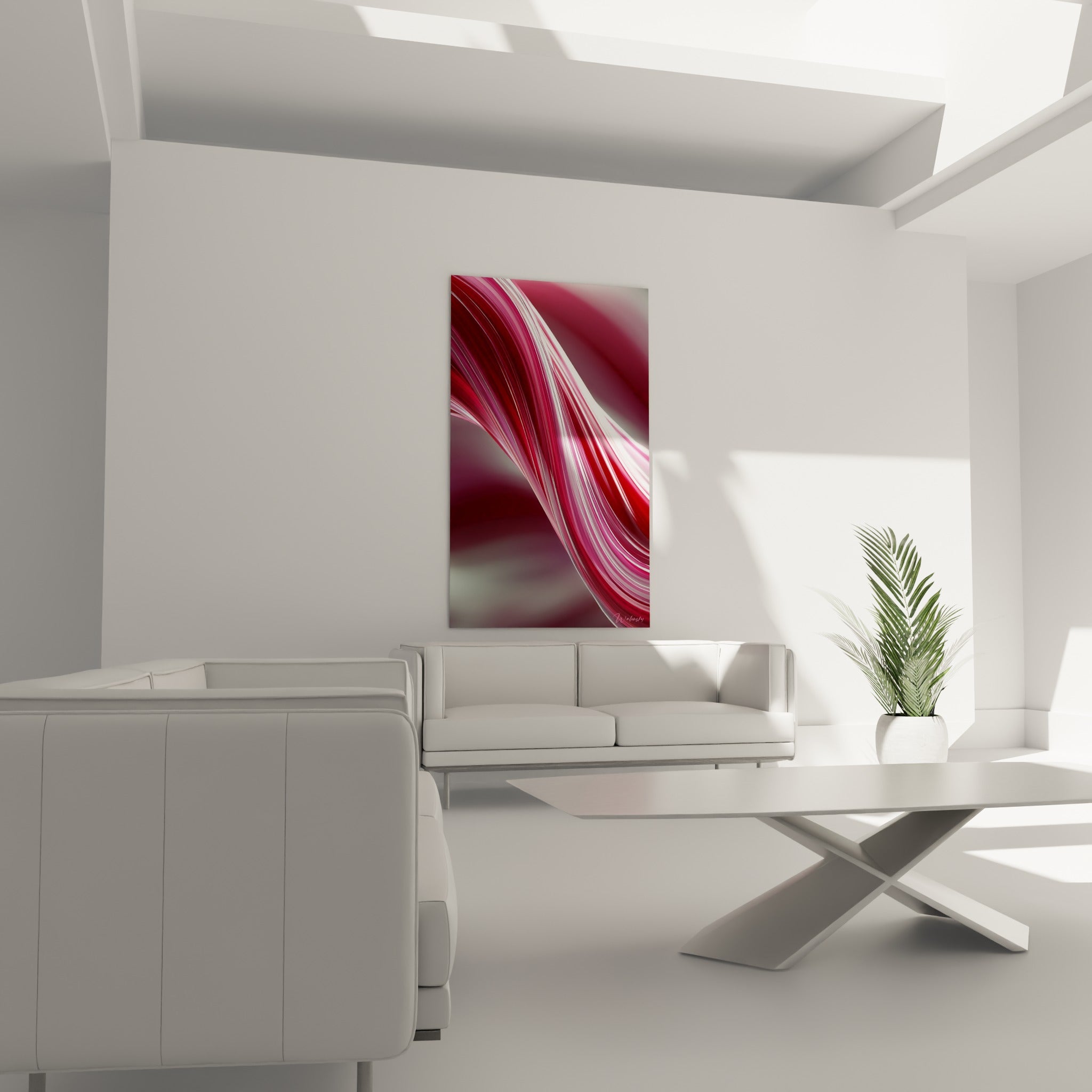 Torsion Artistique abstrait blanche et fuchsia disposée au-dessus d'un canapé dans un salon lumineux
