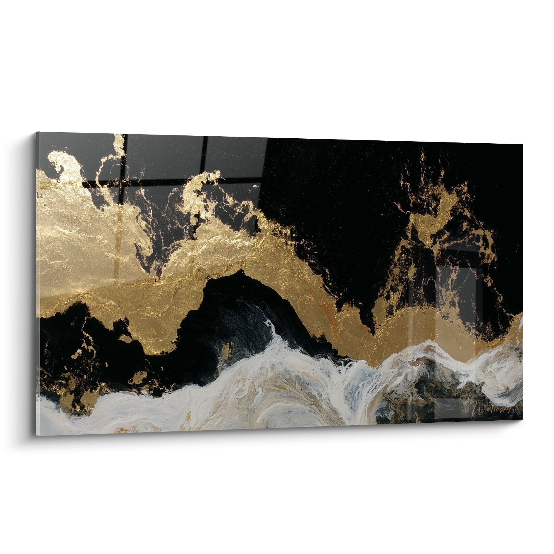 Vague abstraite noire et dorée aux remous blancs, empâtements texturés sur fond sombre
