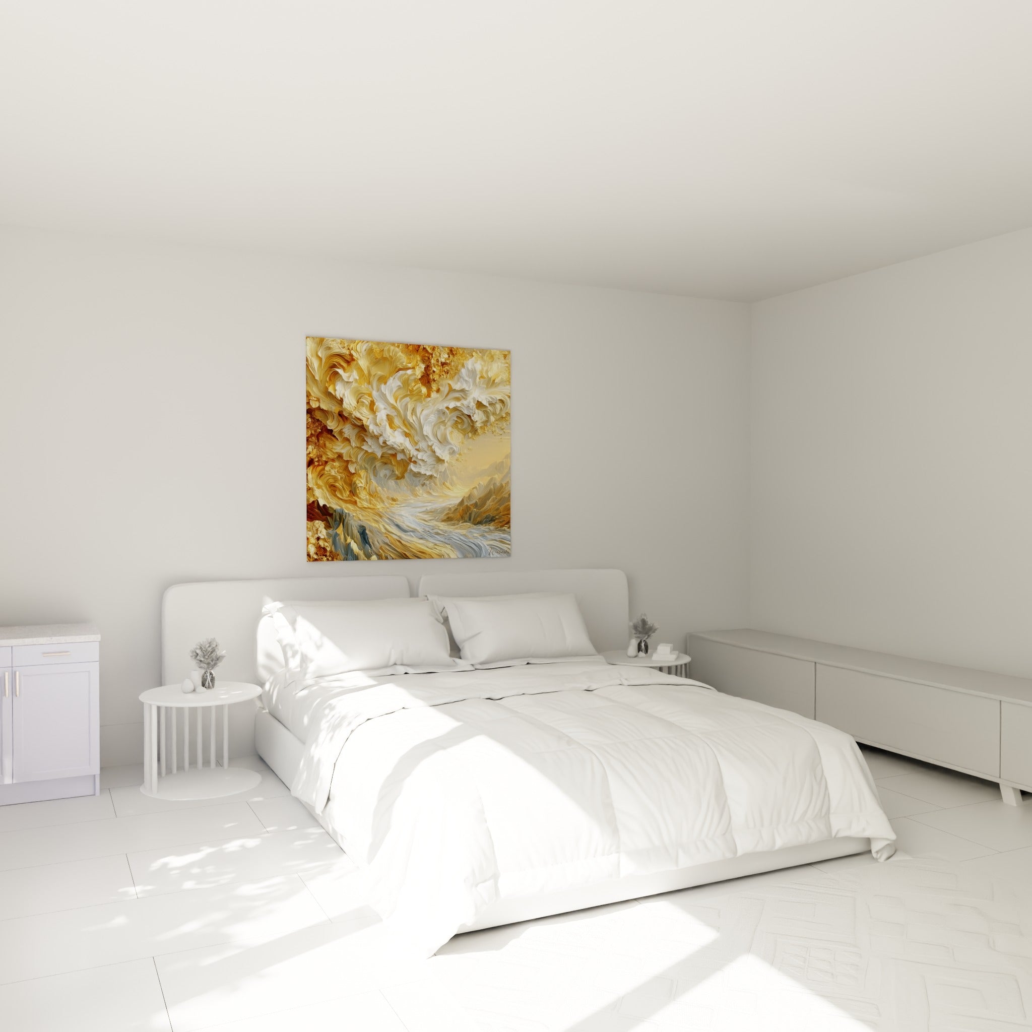 Volutes dorées et blanches d'une vague abstraite accrochées au-dessus d'un lit dans une chambre claire