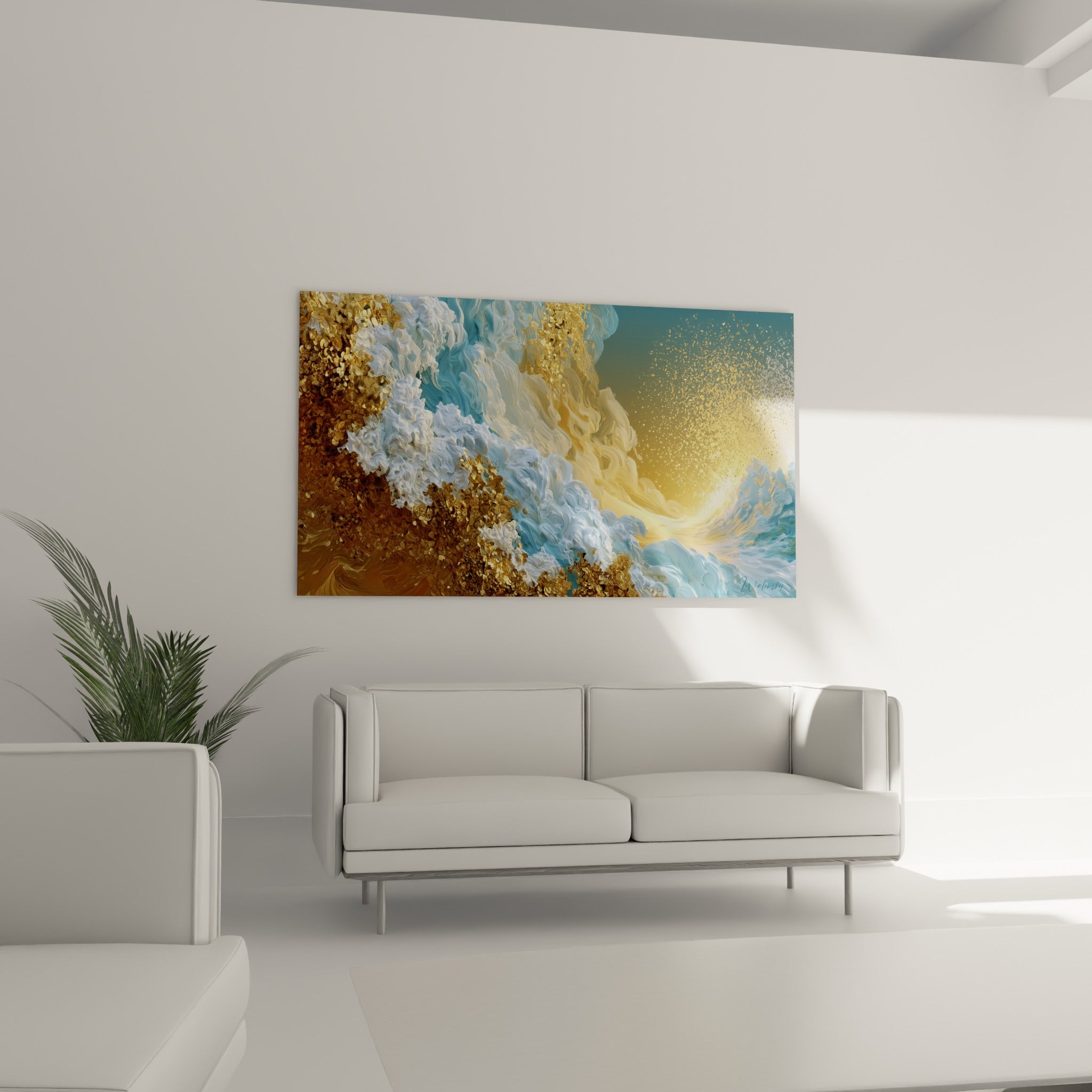 Écume blanche parsemée d'or et vague turquoise sculptée, suspendue au-dessus d'un canapé dans un salon lumineux