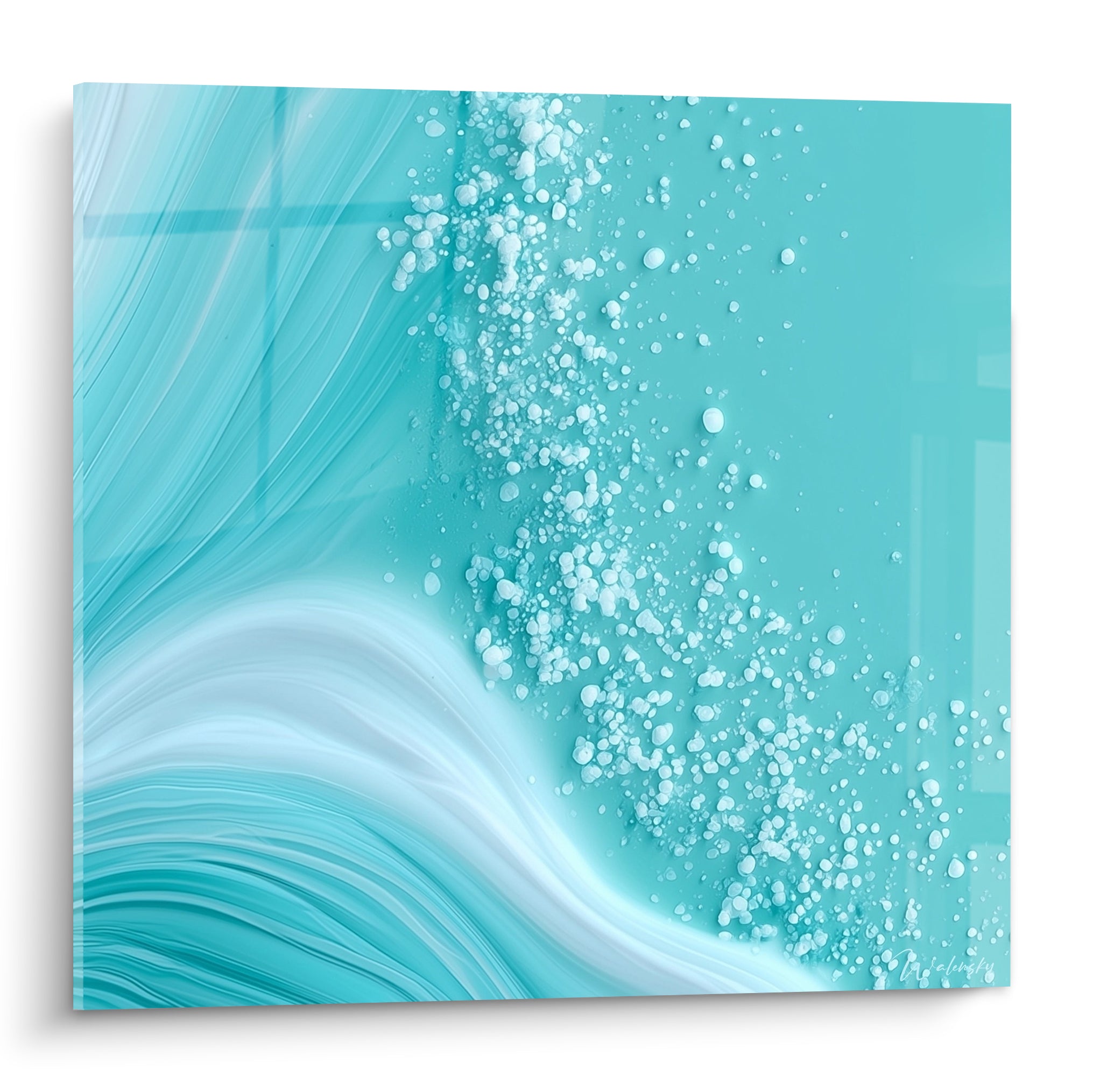 Vague turquoise et blanche aux embruns granuleux, effet marbré fluide et lumineux